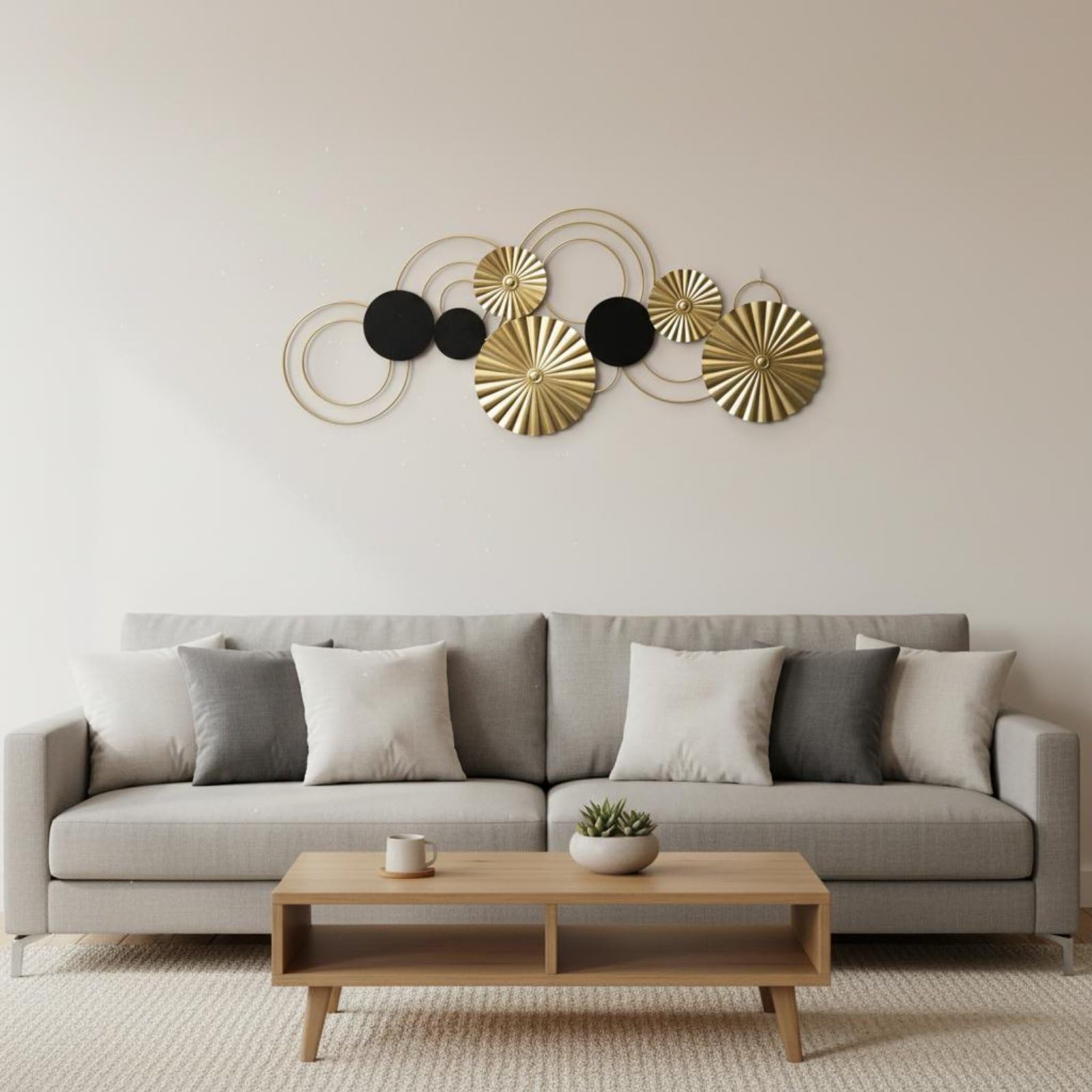 Milageto Aro de Pared Montado Decoración de Pared Escultura Circular Arte Abstracto Hierro Estructura de Anillos y Discos Contraste Dorado y Negro Disposición