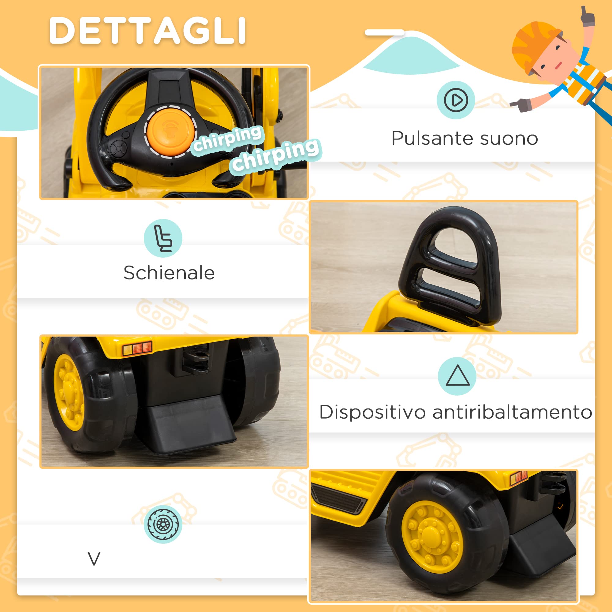 HOMCOM Escavatore per Bambini 2-4 Anni Manuale con Pinza, Pulsante per Suoni e Spazio Portaoggetti Nascosto, in PP e ABS, 83x27x39 cm, Giallo e Nero