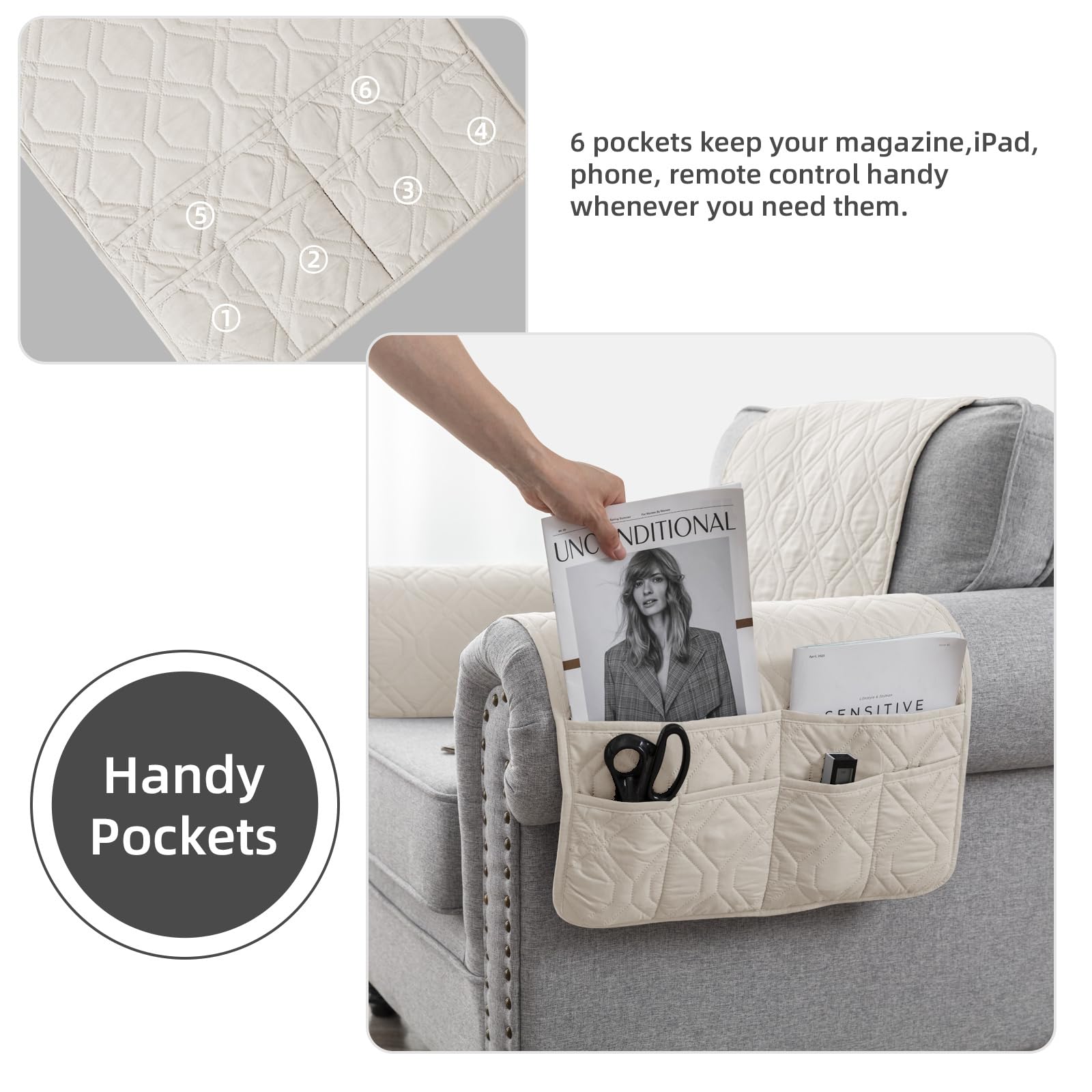 Copribraccioli Divano Con Tasca - Fodera Trapuntata Antiscivolo Per Poltrone E Sedie (1 Posto, Army Green) - Foto 6