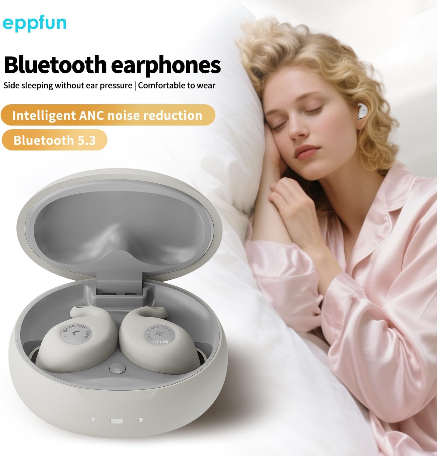 eppfun Sleep Earbuds for Side Sleepers, Wireless ANC Noise Cancelling Sleep Headphones, Comfort Fit for Sleeping, Working, Hiking