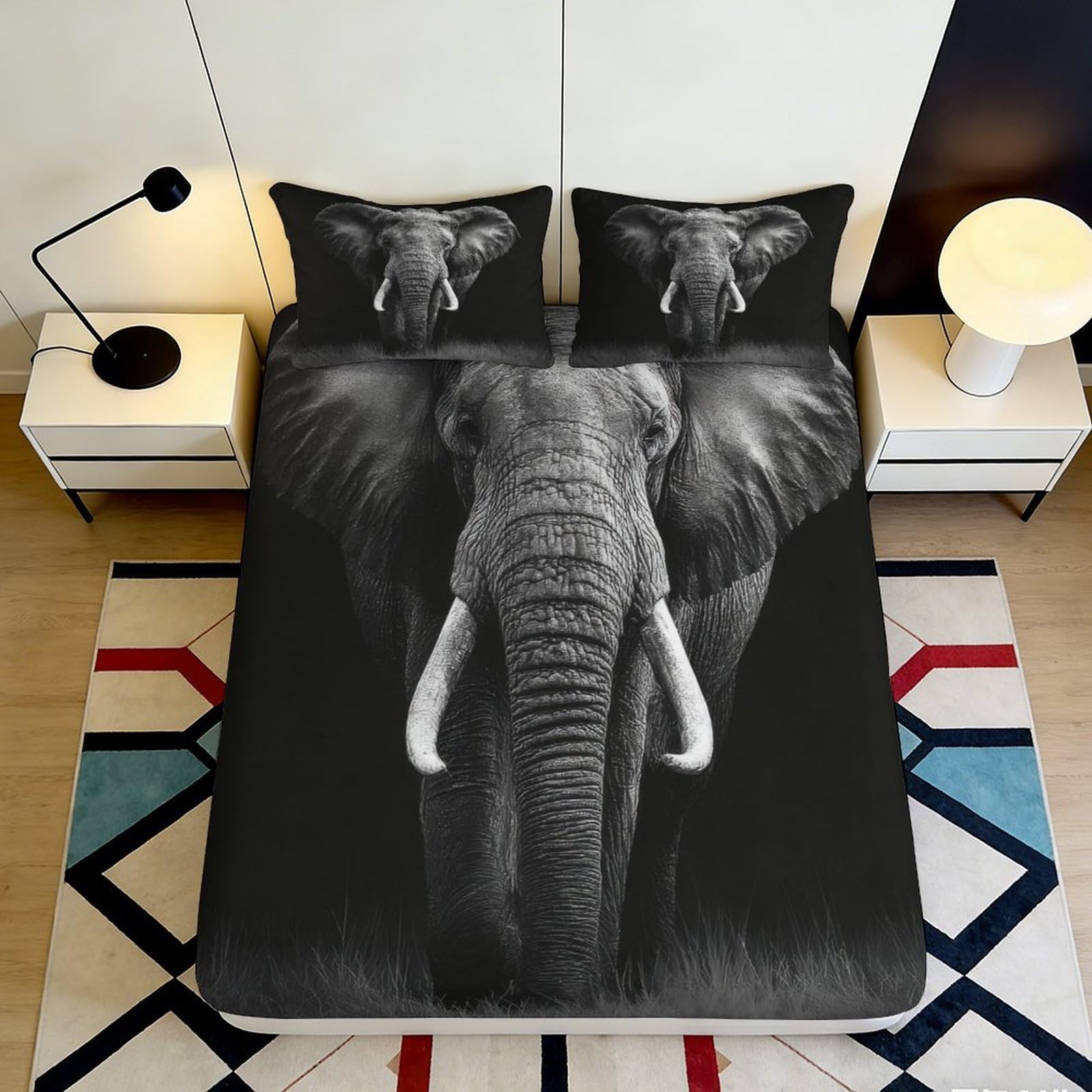 Uynsixtme Style-8 3D Printed Elephant Design Fitted Sheet Microfiber Deep Pocket Non-Slip Bedroom Bedding Elephant Mattress Fitted Cover Washable 90X200x25cm