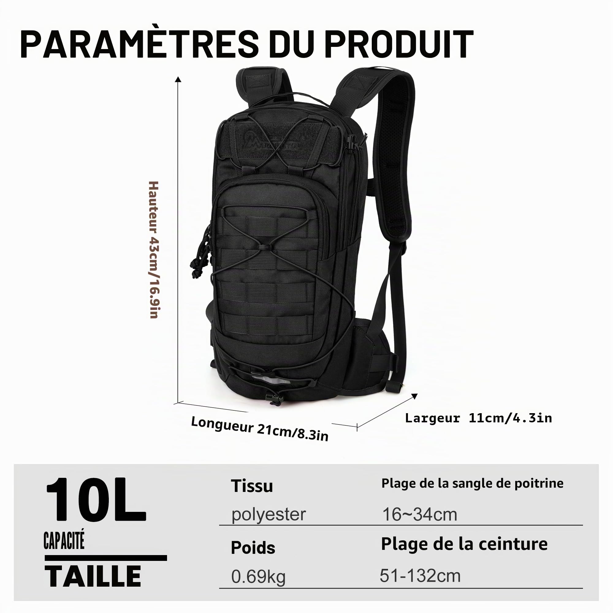 Mardingtop Sac à dos de vélo 10 l - Sac à dos de sport léger avec compartiment pour poche à eau et molle - Respirant pour le cyclisme, la course, la randonnée, la vie quotidienne
