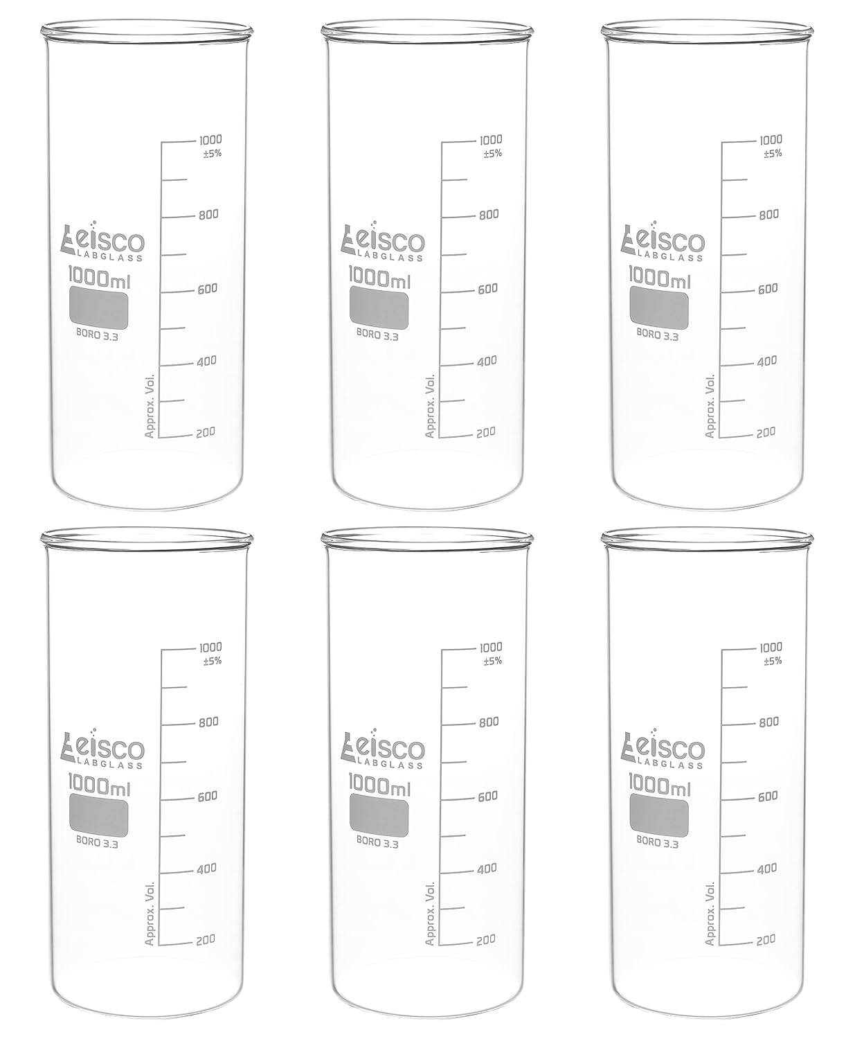 6PK Tall Form Beakers Without Spout, 1000mL Graduated Borosilicate Glass Berzelius Beakers