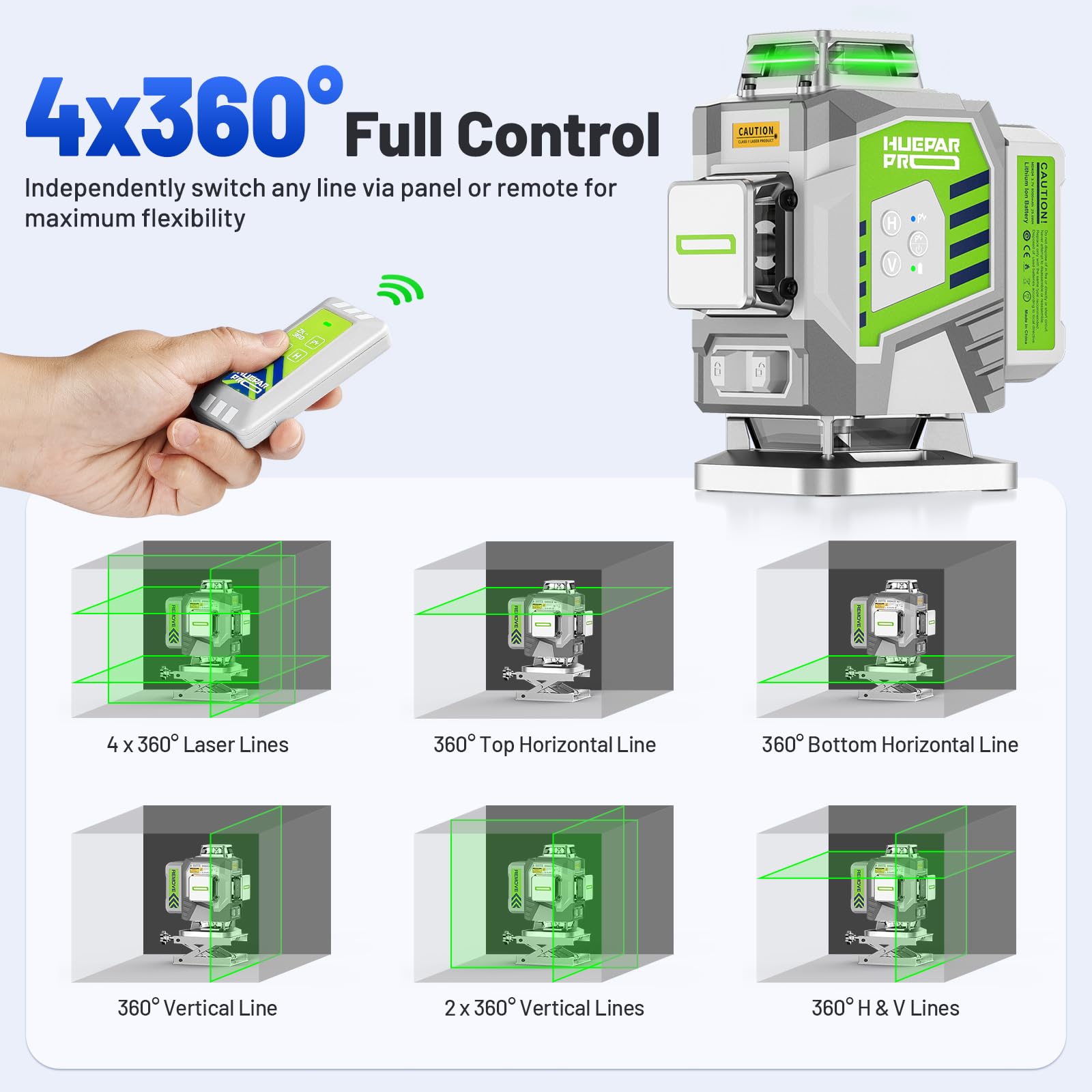 Huepar Pro Outdoor Nivel Láser con Receptor, 4 * 360° Autonivelante con Láser Verde, Nivelación de Alta Precisión en 4D con Batería de Iones de Litio de 8000mAh, Control Remoto y Estuche Rígido
