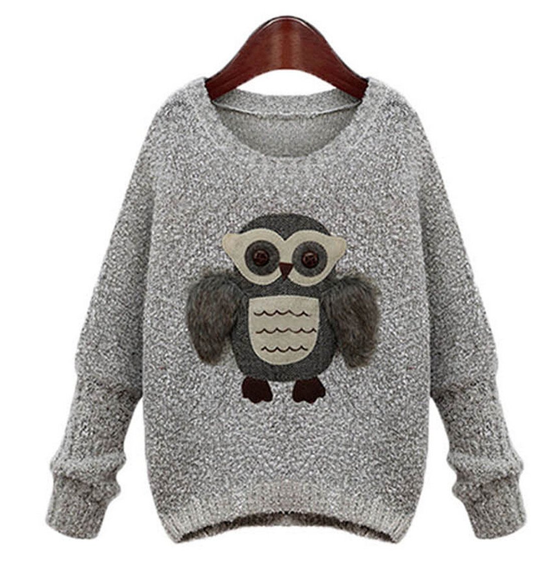Women Girls Loose Knitted Crew Neck Owl Sweater Sleeve Pullover Tops Knitwear Grey