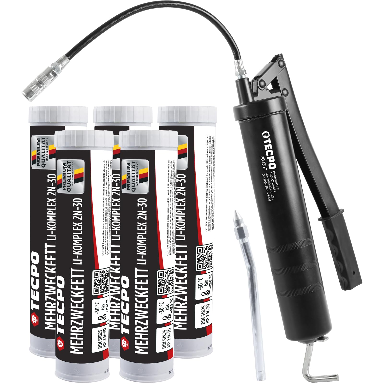 TECPO Grasso multiuso ad alte prestazioni, complesso Li 2N-30, 5 x 400 g, con pressa manuale, cartuccia grasso a lunga durata, grasso per cuscinetti, antiattrito e antiurto
