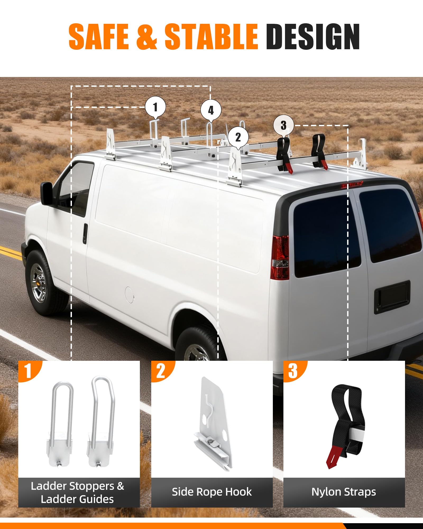 MELIPRON 850 lbs Van Roof Rack Fit for Chevy Express 1500 2500 3500/GMC Savana, Ladder Rack for Vans with Rain Gutters, No Drilling, Heavy Duty Van Ladder Rack for Commercial Use