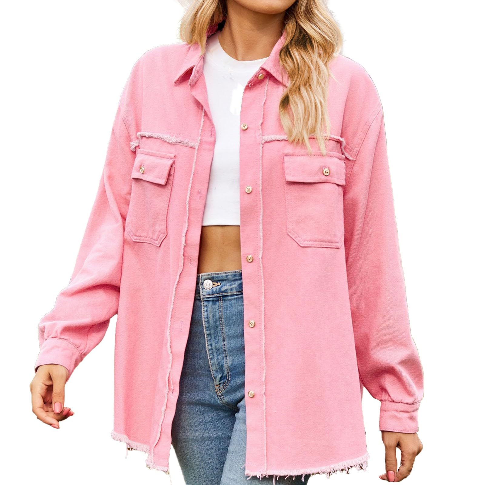 Camicia da donna in denim, con frange lavate, per il tempo libero