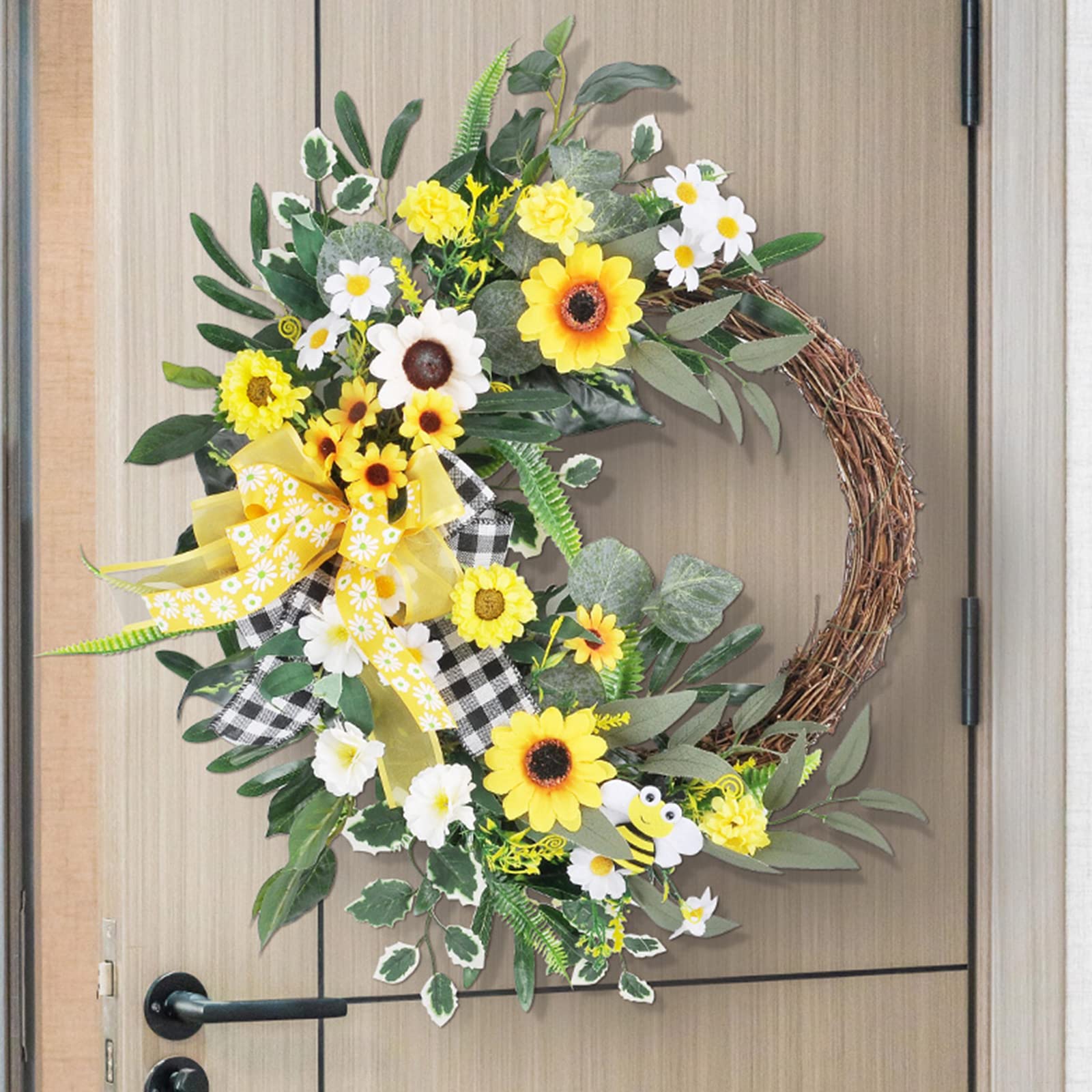 Corona estiva per porta d'ingresso, corona di girasole artificiale per la primavera estiva, corona estiva con doppio fiocco fatto a mano, portico, porta della fattoria, decorazione per feste
