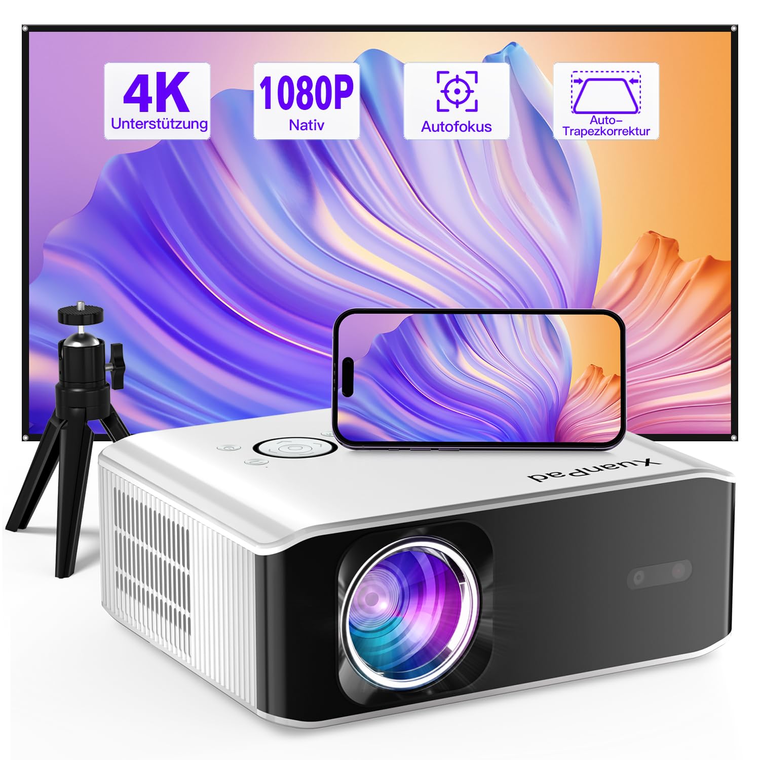 [Autofokus/Trapezkorrektu] Beamer 4K unterstützt, XuanPad Nativer 1080P 6G WiFi Bluetooth Beamer, 28000L Outdoor/Heimkino Video Projektor mit Stativ für iOS/Andriod/TV Stick