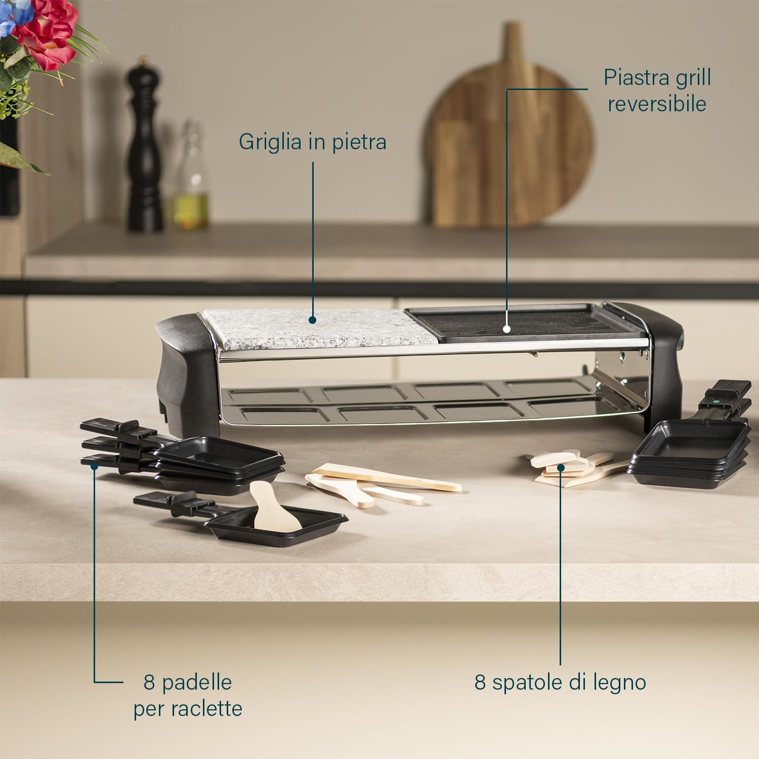 Princess 8 Stone & Grill Party 162820 Raclette con Piastra in Pietra e Griglia in Alluminio 162820, 1300 watt, 8 persone, Nero