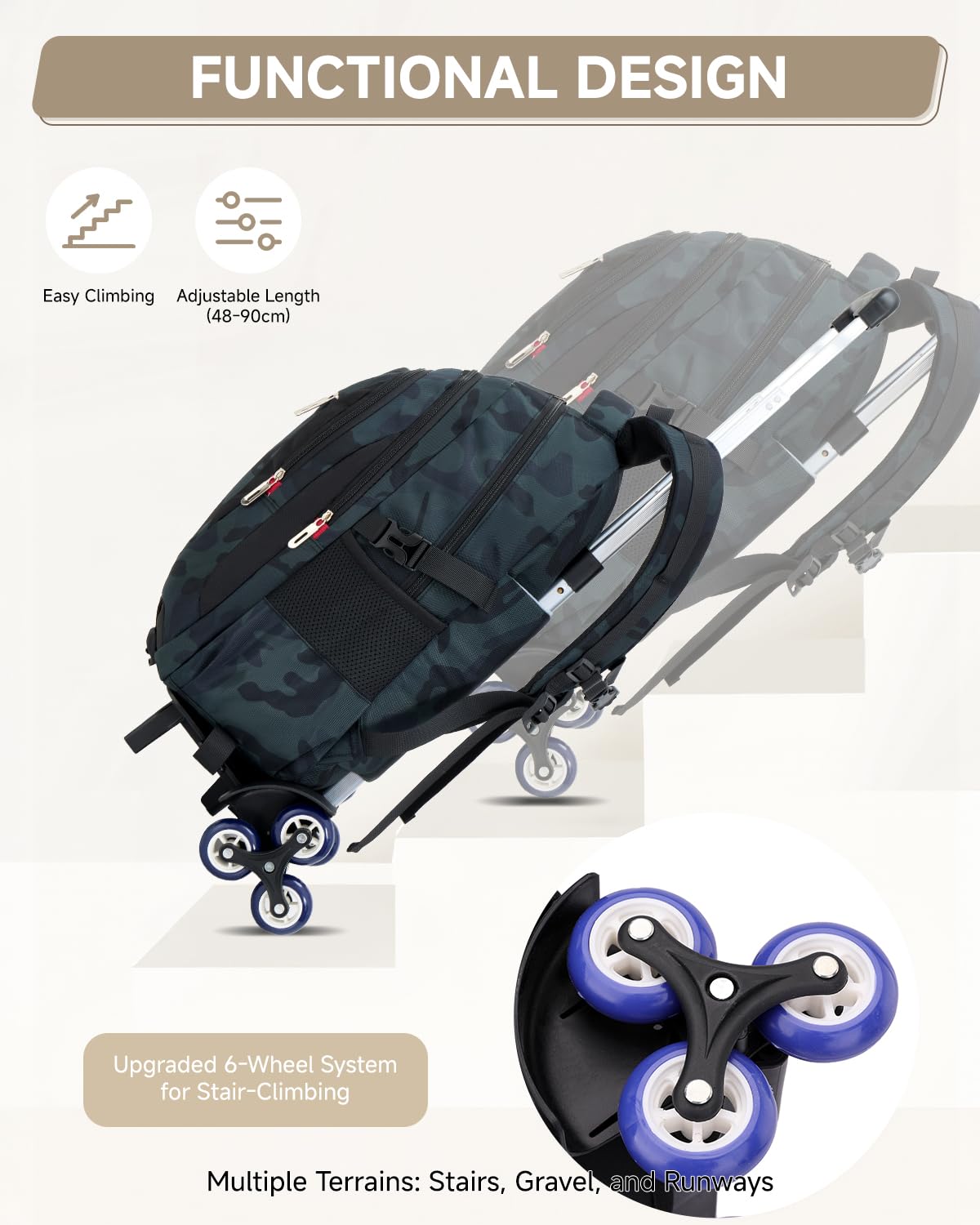 Amythe Mochila con Ruedas para Chicos - Gran Capacidad, Camuflaje Verde | Trolley Escolar 6 Ruedas con Carrito Extraíble - Mochila Adolescentes para Vuelta al Cole Primaria ESO Instituto – PC 15.6"
