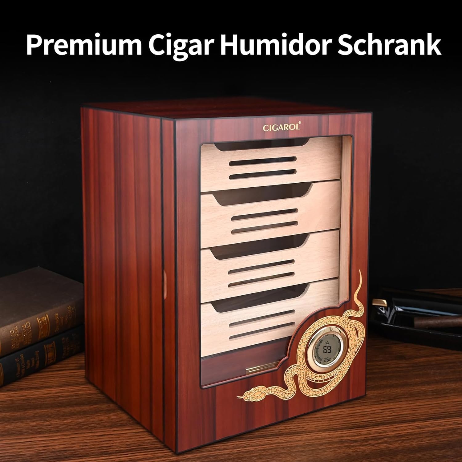 Velonx Humidor Zigarren, Handgefertigter Zedernholz Humidor Schrank für 200 Zigarren with Digital Hygrometer, Humidifier, Mit Glastür, 4+1 Fachböden, für Männer/Väter/Ehemänner