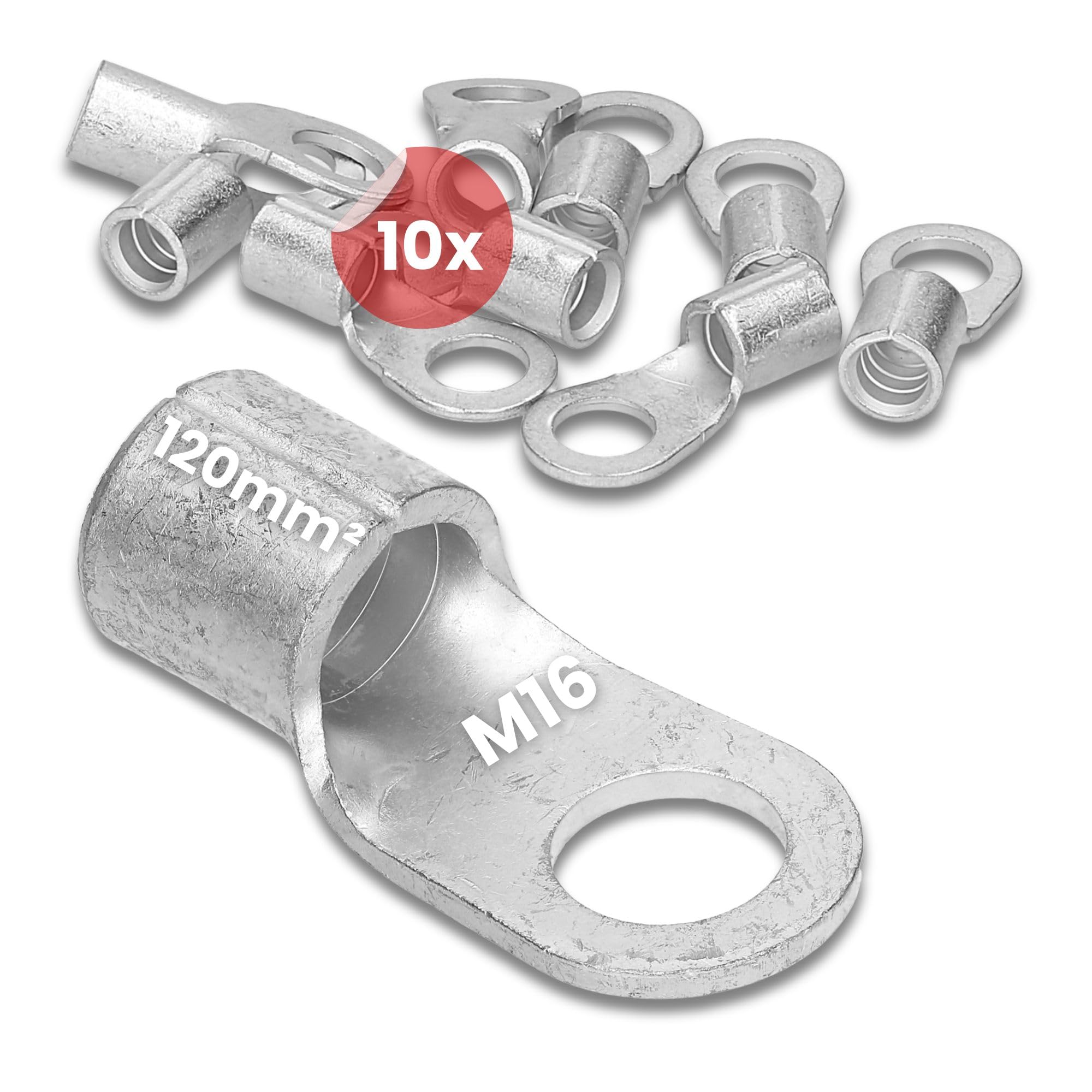 Kalitec 10x Capicorda 120 mm² M16 - Connettori ad Anello non Isolati | Terminali in rame elettrolitico serie Q per cavi multipli e sottili, norma DIN 46234, per quadri elettrici e veicoli