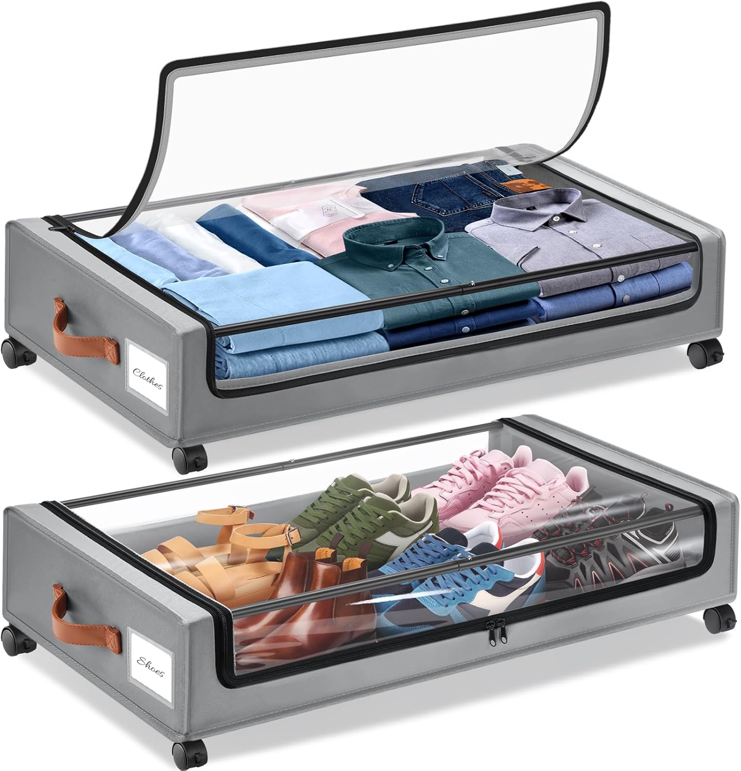 2Pack Under Bed Storage with Wheels,30.71 * 17.13 * 6.5 Inches Foldable Underbed Storage Containers Organizers Bins for Clothes Shoes Blankets Sweater (Grey)