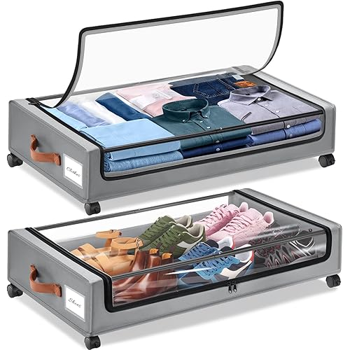 2Pack Under Bed Storage with Wheels,30.71 * 17.13 * 6.5 Inches Foldable Underbed Storage Containers Organizers Bins for Clothes Shoes Blankets Sweater (Grey)