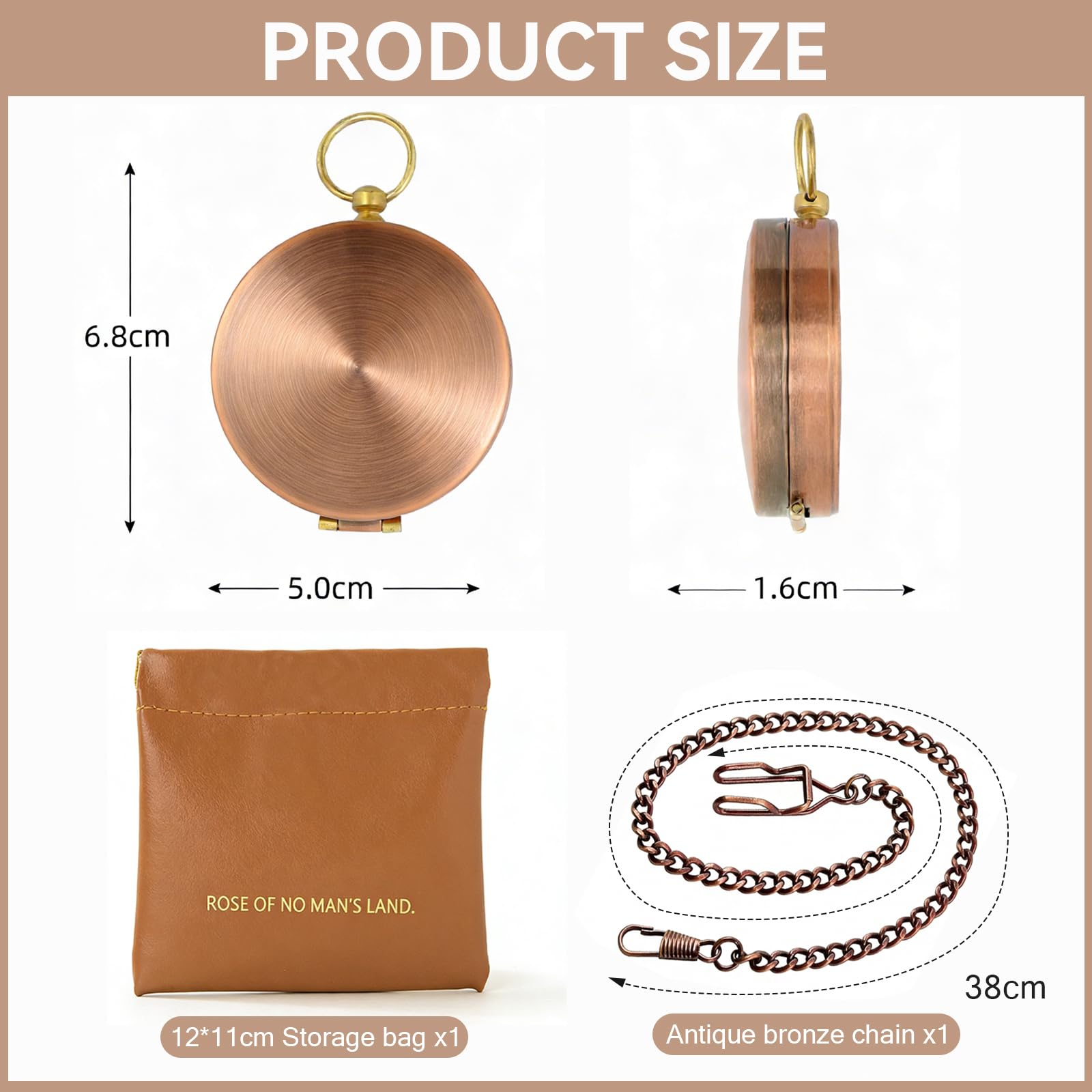 Brújula Retro 3 Piezas 6,8 × 5 × 1,6 cm Metal con Cadena Bolsa Almacenamiento Supervivencia Camping