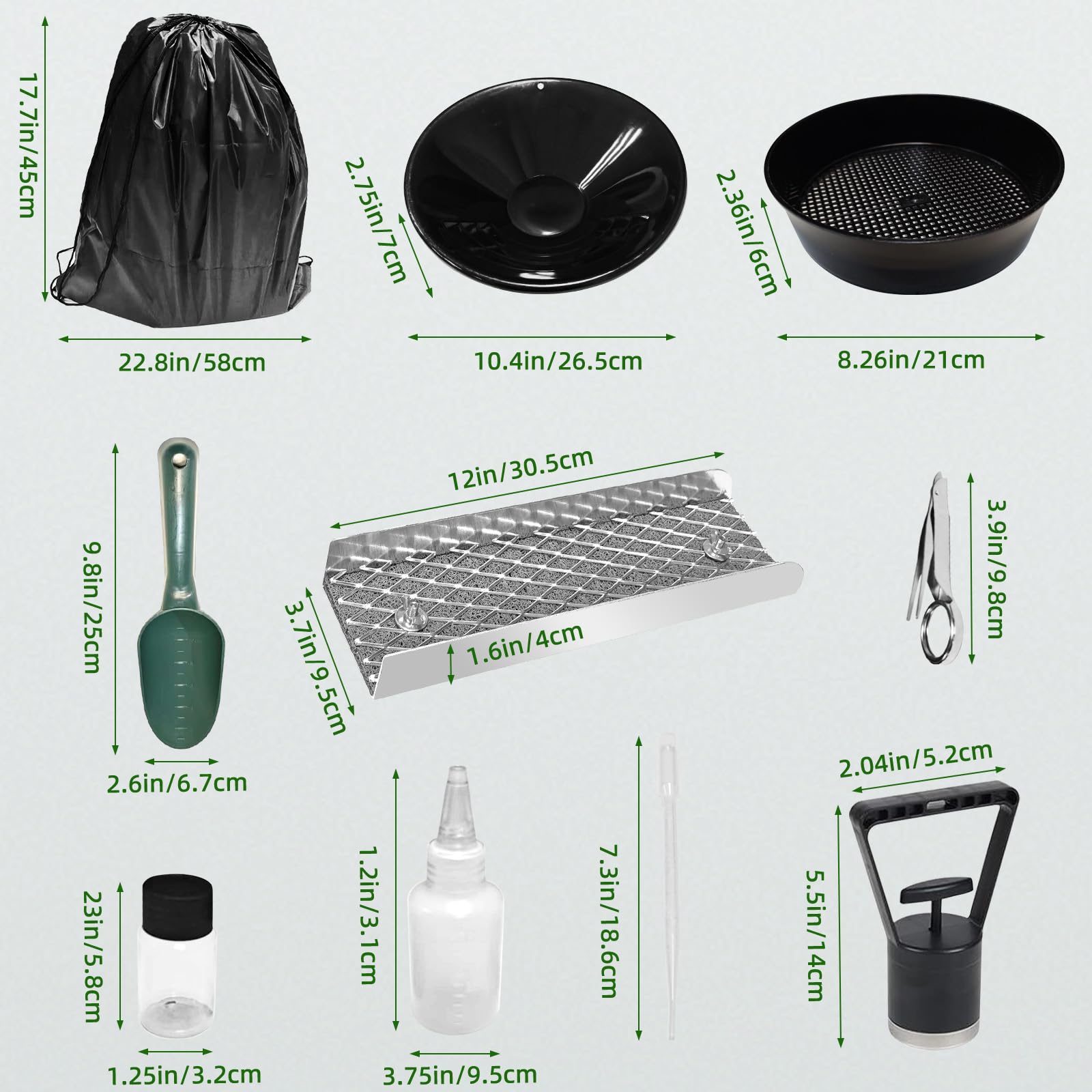 Kit completo di panning da 127 cm, 19 pezzi, kit pieghevole in lega di alluminio, attrezzatura per la prospezione dell'oro con padella, schermo classificatore e altro (argento, 30,5 cm)