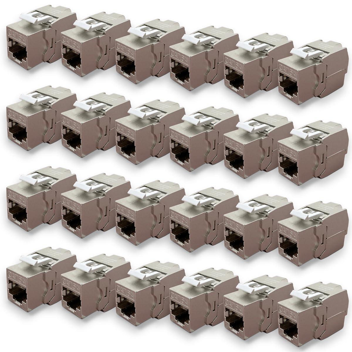 Waytex Zestaw 24 beznarzędziowych Keystone Cat6a FTP Keystone RJ45 - Złącza ekranowane niklowane metalowe, cynkowe - 10 Gb/s 500 MHz - ekranowane FTP - oznaczenie T568 A/B AWG22-26 z opaską kablową