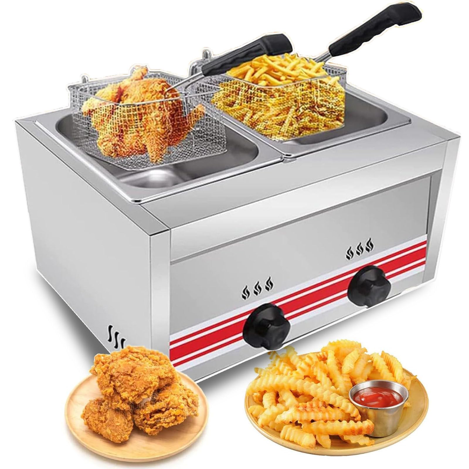 Freidora Comercial de Gas Propano, Freidora de Acero Inoxidable para Encimera de 20 litros con 2 Cestas y 2 Tapas para Papas Fritas, Pollo y MáS