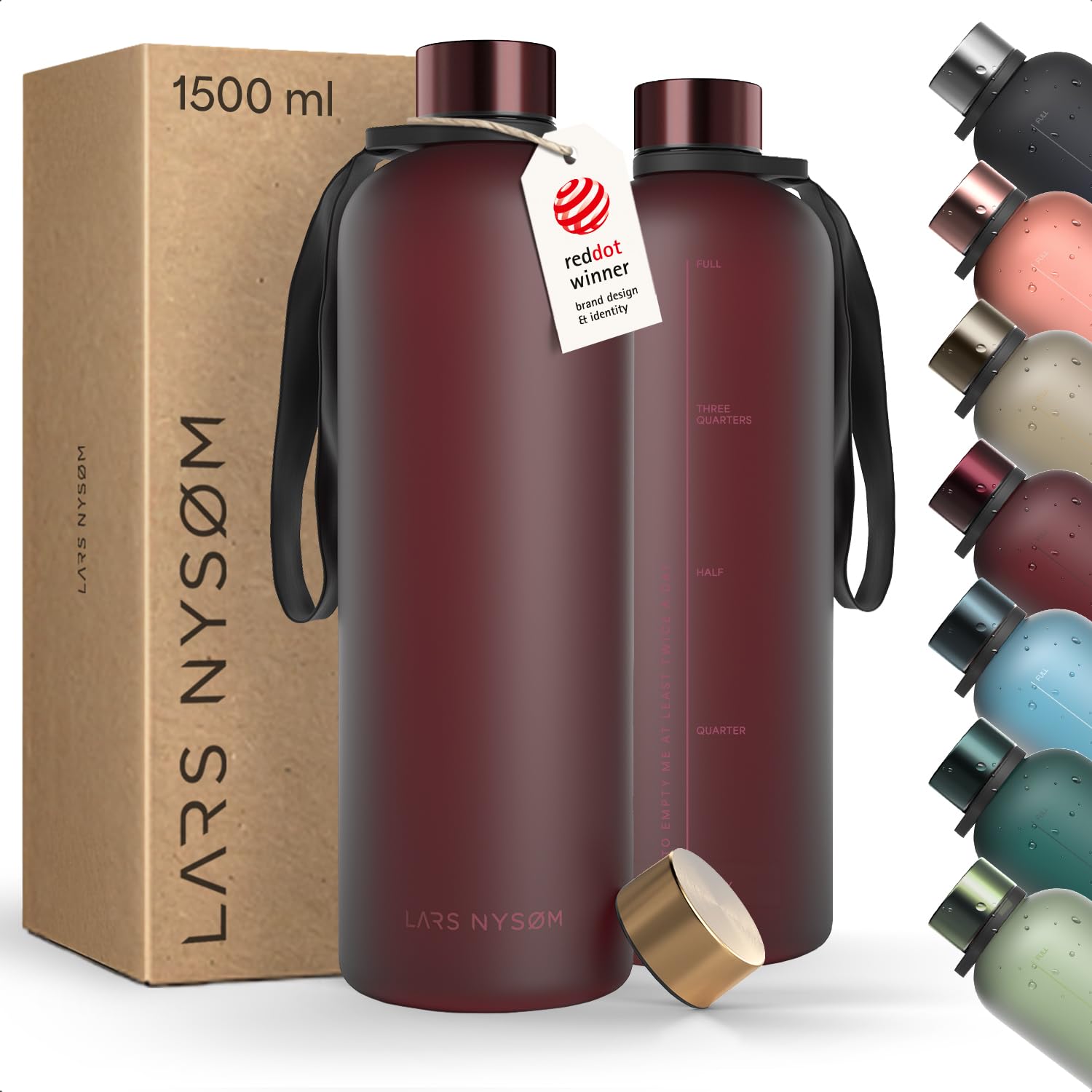 LARS NYSØM Water Bottle 51oz | Drinking Bottle 1,5Liter | Ultralight Tritan Sports Flask leak-proof | Ideal for sports, office, yoga | 2 lids included (Berry Red, XL 1500ml)