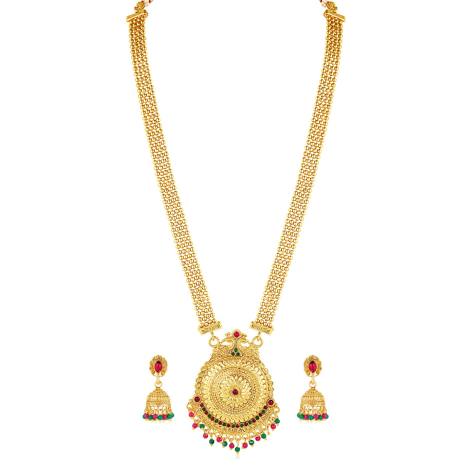 Peora Gold Plated Rani Pink & Green Synthetic Stone Studded Long Maharani Haar Necklace & Jhumki Earrings Traditional Jewellery Set for Women (B0D79D2PPB) Amazon Price History, Amazon Price Tracker