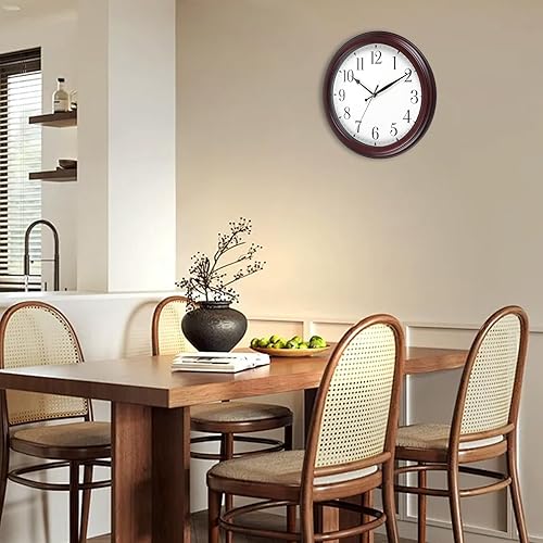 Miniatura 5 de Reloj de pared de madera redondo de 14 pulgadas, funciona con pilas, sin tictac, analógico, rústico, para cocina, sala de estar, dormitorio