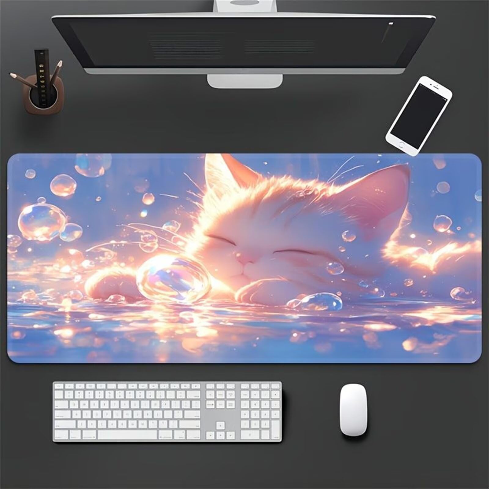 Tappetino Mouse XXL 700x400x3mm Gatto animale tappetino per mouse Gaming,Base Antiscivolo,con Bordi Cuciti,Sottomano Grande Dimensione per Uffici e Scrivanie da Gioco