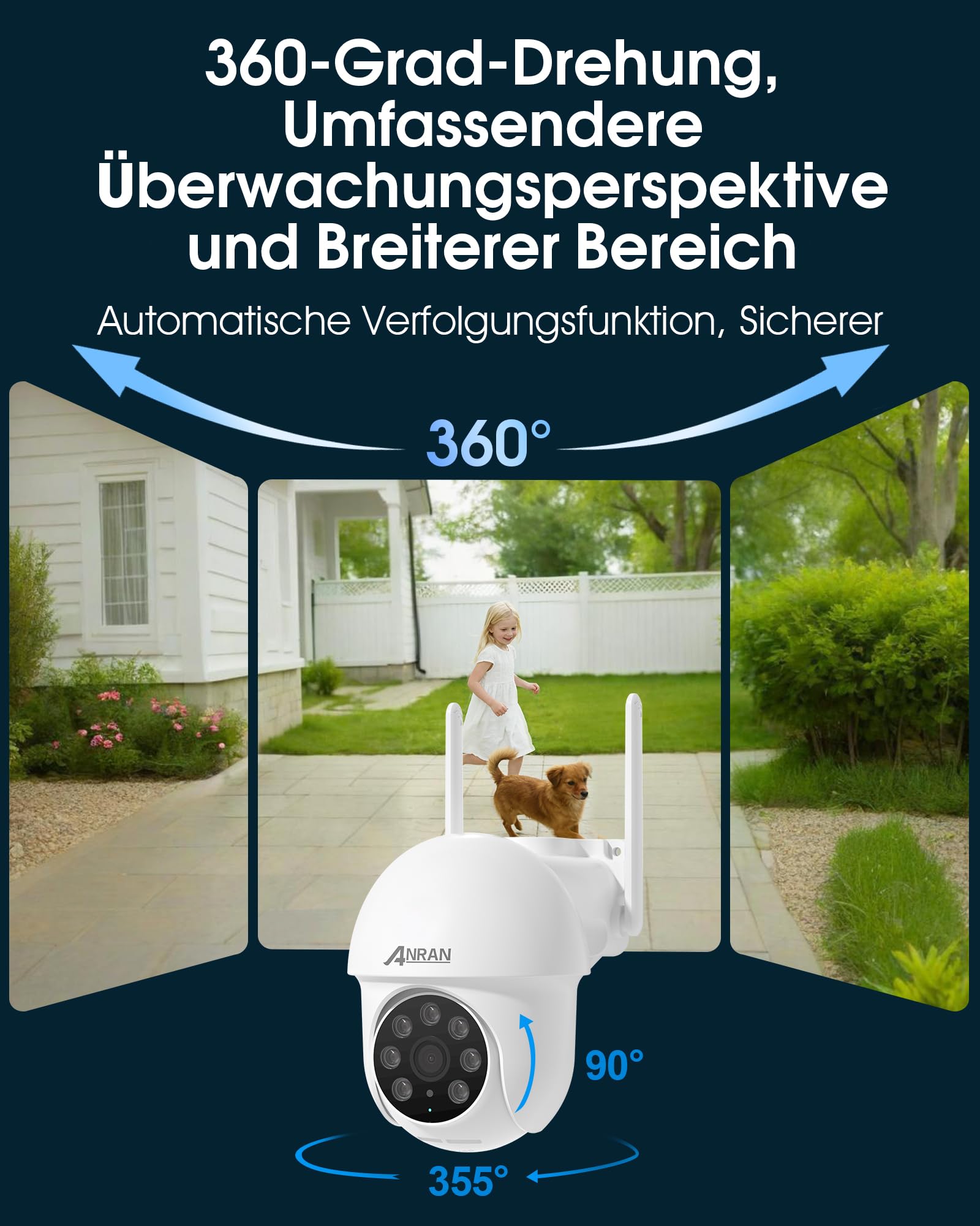 ANRAN 2K Überwachungskamera Aussen WLAN,24/7 Aufzeichnung,360° PTZ | Kamera Outdoor mit Automatischer Verfolgung,2,4 & 5 GHz,20m Farbnachtsicht mit Flutlicht,2-Wege-Audio,Alexa,IP66,2pcs