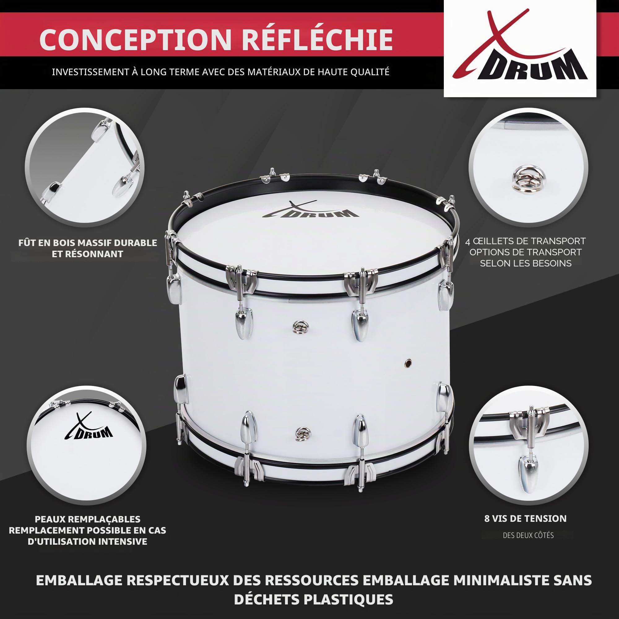 XDrum MBD-226 Grosse caisse de marche 26" x 12" — 10,5 kg, blanche. 4 œillets de fixation, 8 vis de tension par côté. Livrée avec maillets, sangles de transport et clé de tension