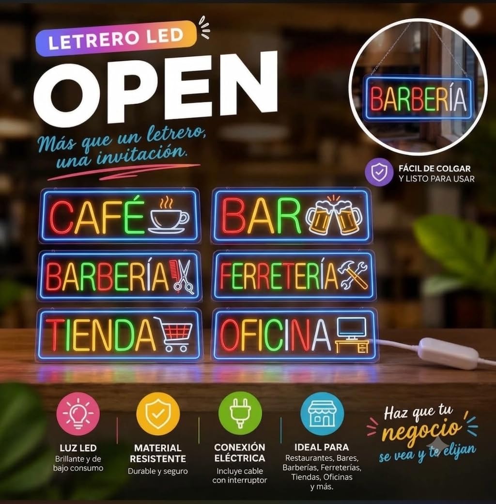 Letrero led neón flex OPEN carte metacrilato transparente medidas 60cm aproximadamente alimentacion 12 v
