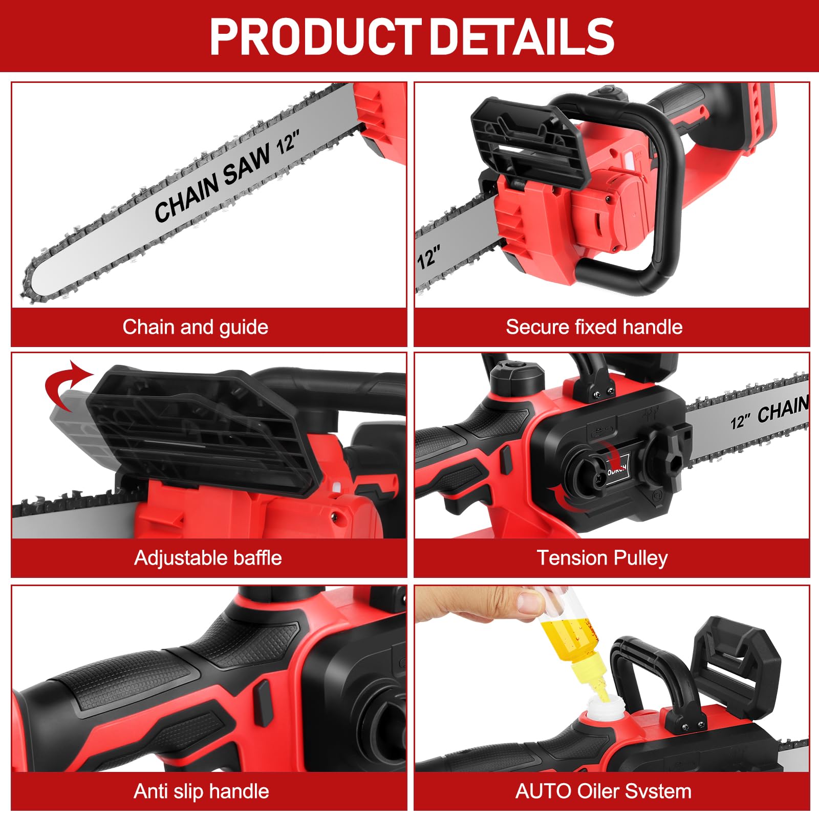 Mini motosierra inalámbrica compatible con batería Milwaukee M18 de 18 V (sin batería) motosierra eléctrica de mano sin escobillas de 12 pulgadas con engrasador automático y bloqueo de seguridad, para