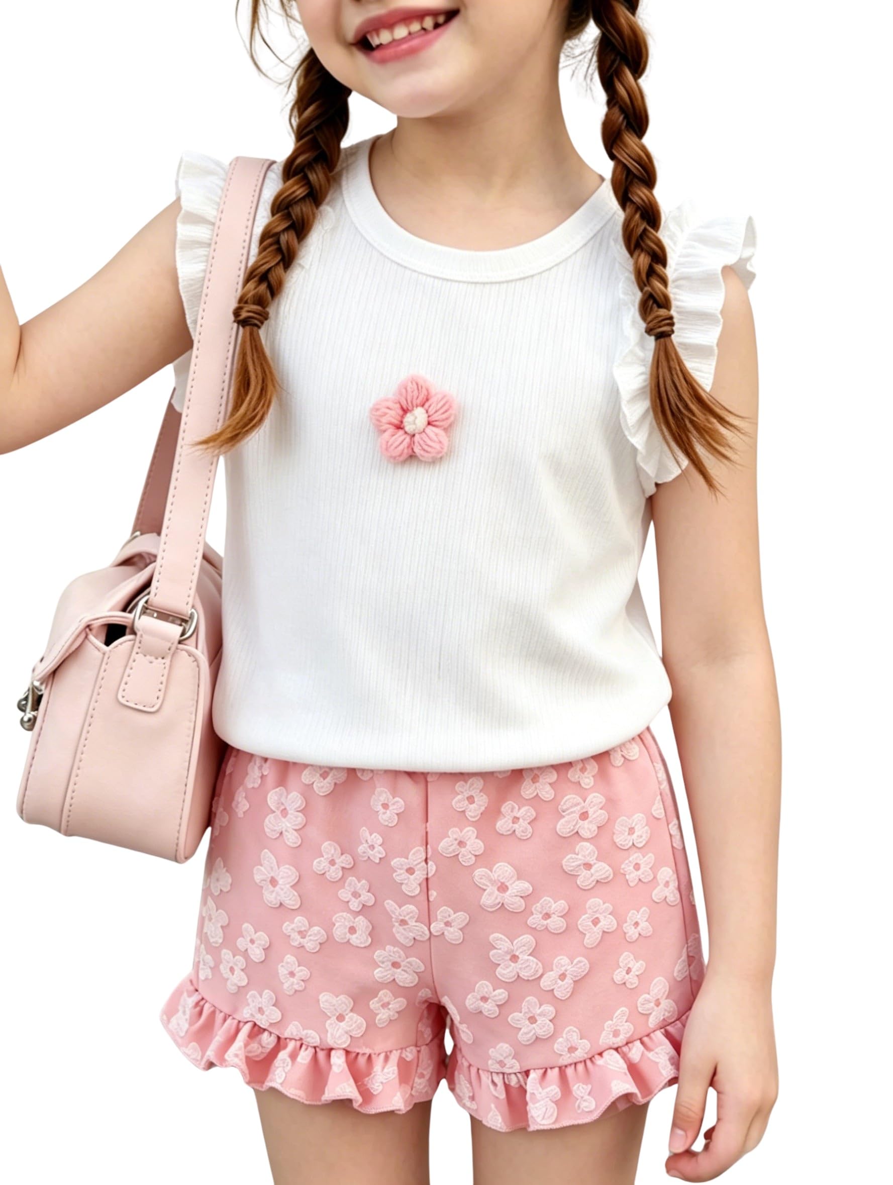 Ayzozuy Kid Girl Clothes Shorts Set 2 Piece Outfits Summer Casual Short Sleeve Top and Shorts Set for Girls 4-7