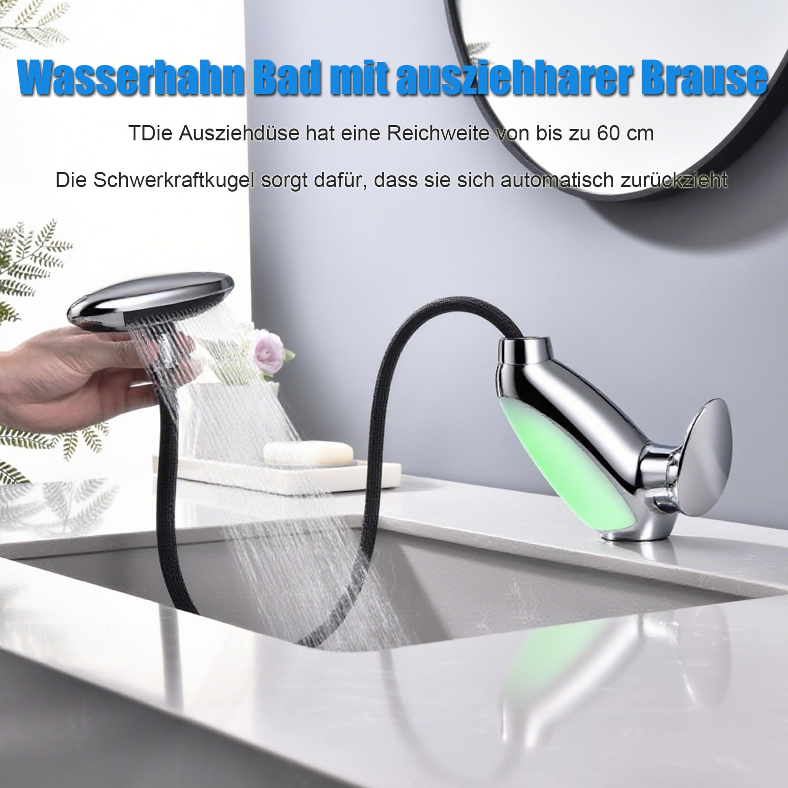 Rubinetto per lavabo a LED con doccia estraibile, rubinetto per bagno a cascata 4 in 1 moderno, miscelatore per bagno a LED monoforo, rubinetto per lavabo,Cromo
