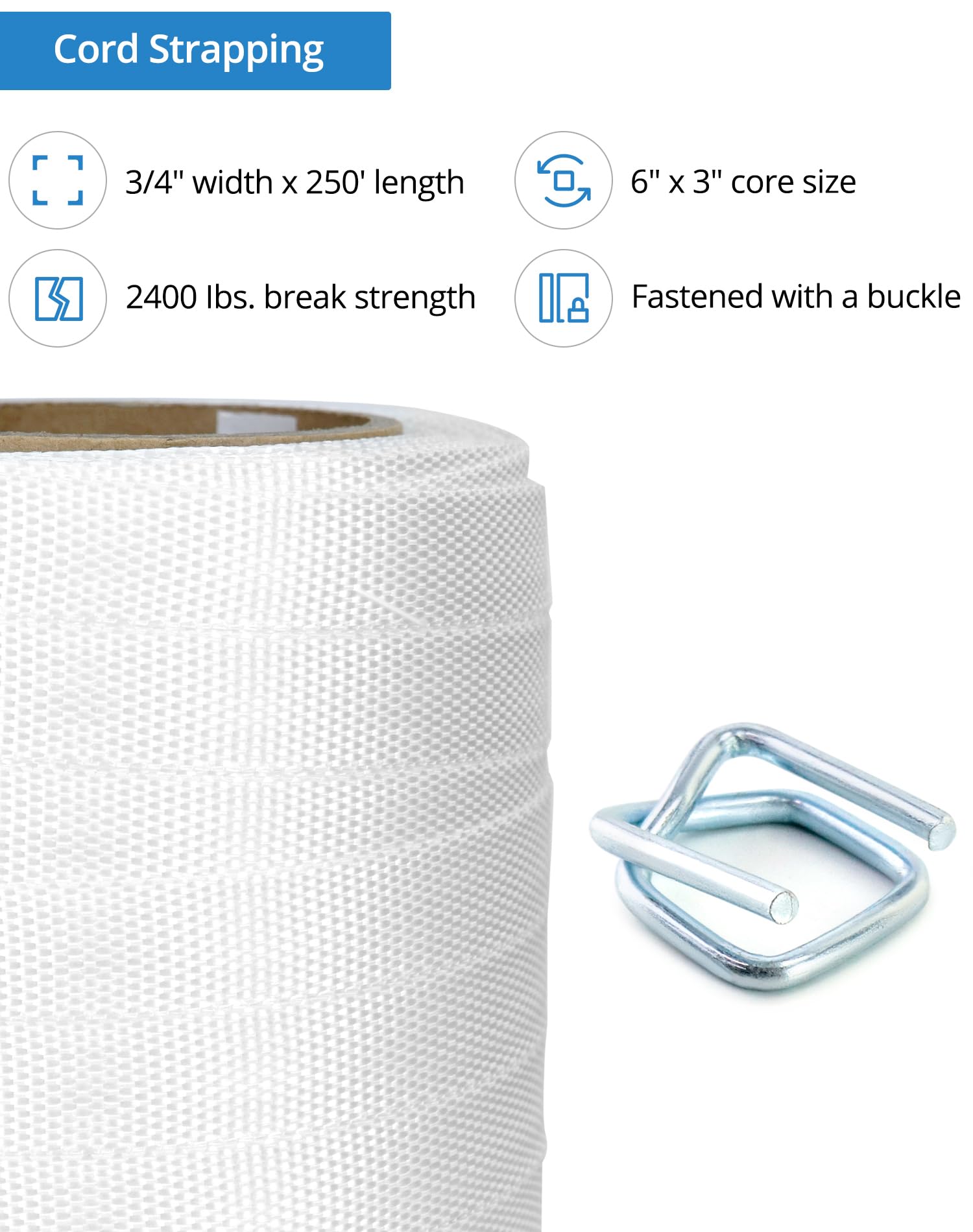 QWORK Rotolo di corda intrecciata da 1,9 cm x 6,5 m con 50 fibbie in metallo da 1,9 cm, rotolo di cinghia in corda intrecciata in polietilene resistente, 1088,6 kg, forte resistenza alla rottura 15,2