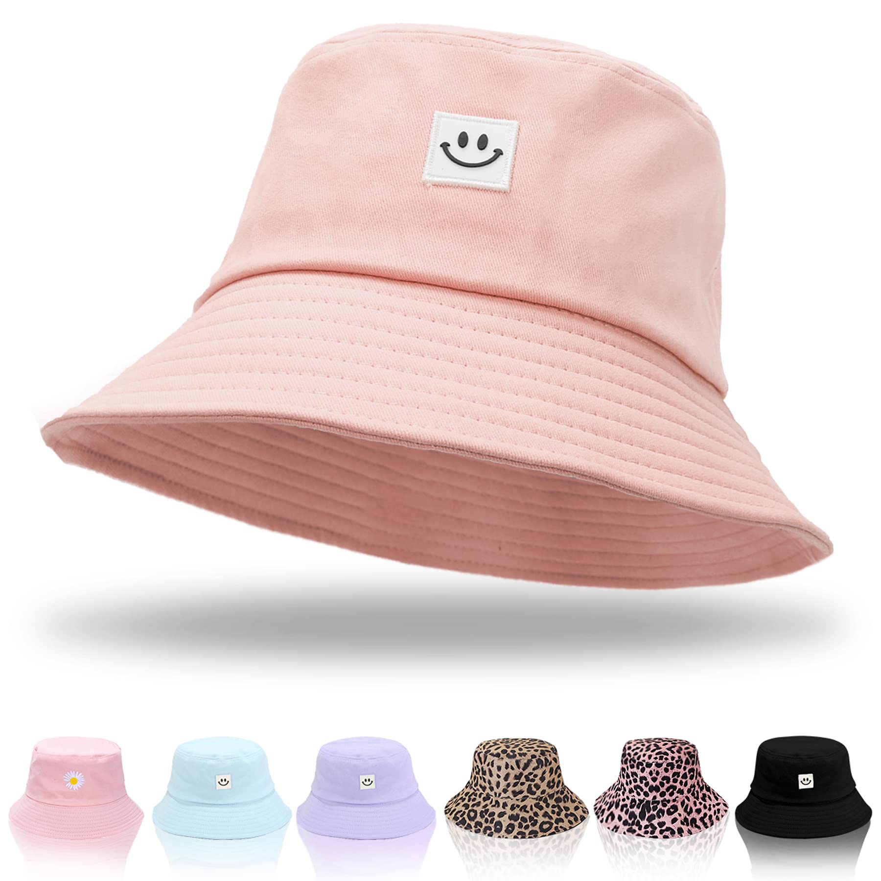 Keho Women's Smiley-Pink Bucket Hats - Reversible Cotton Summer Beach Sun Hats Foldable Fisherman Hat For Travel Beach Hiking Uk