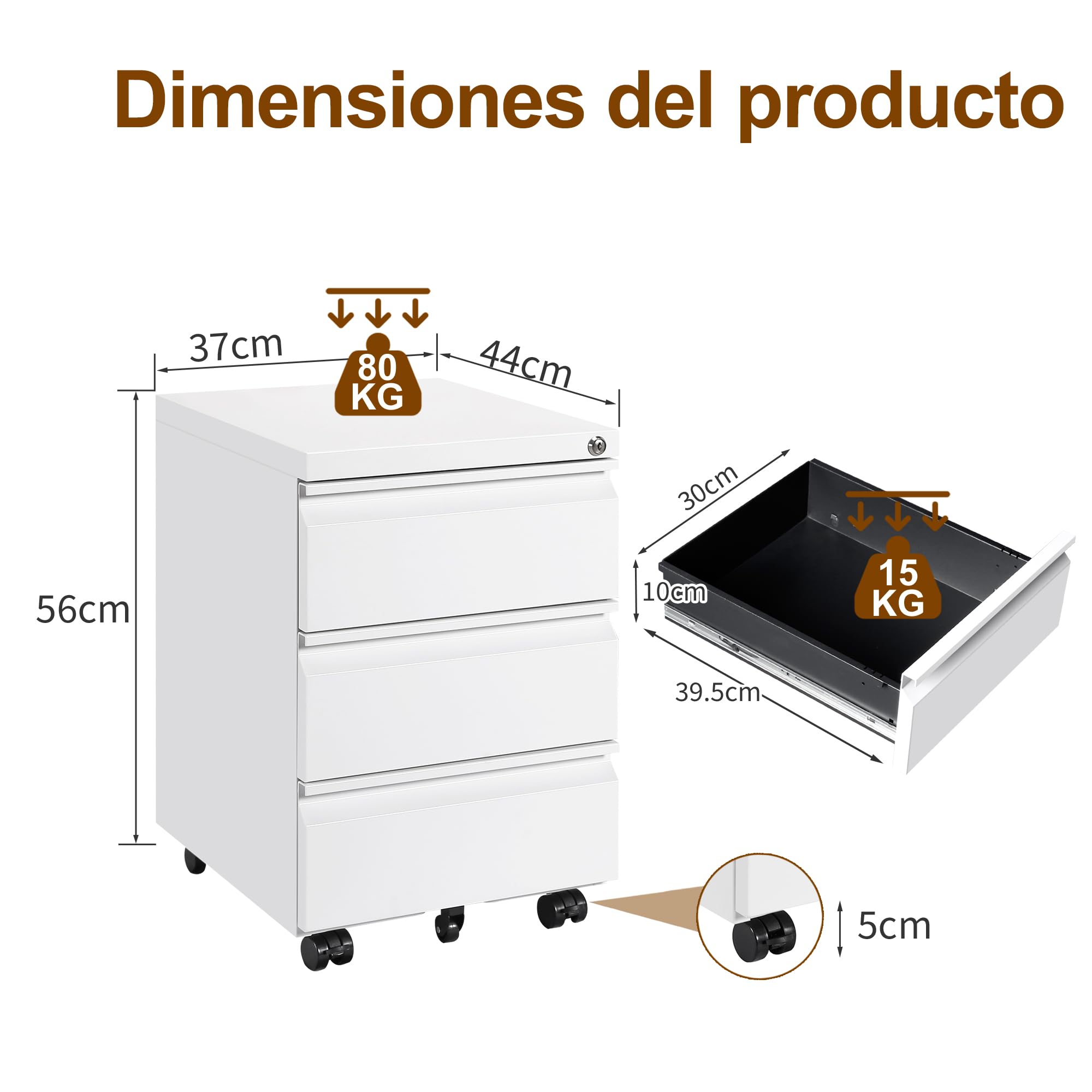 Cajonera móvil, Archivador Metálico con Cerradura, 4 Llaves, 3 Cajones, Premontado, para Oficina, Oficina en Casa, Blanco