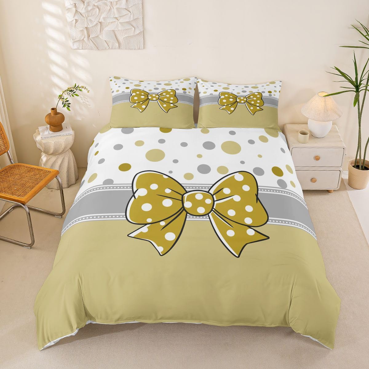 Homemissing Yellow Polka Dot Bow Duvet Cover Double Size Cute Bowknot Bedding Set for Boys Girls Watercolor Ribbon Comforter Cover Girls Bow Bedroom Decor 3Pcs