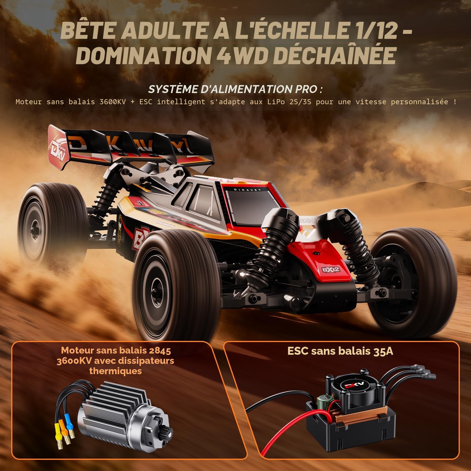 Voitures Rc 1/12 Sans Balais Pour Adultes, Voiture TéLéCommandéE Pour Buggy Rc De Course Grande Vitesse Rapide Maximum 70 km/h 4x4 Avec Batterie 3s 2200 Mah,Convient Comme Cadeau Pour DéButant-Rouge