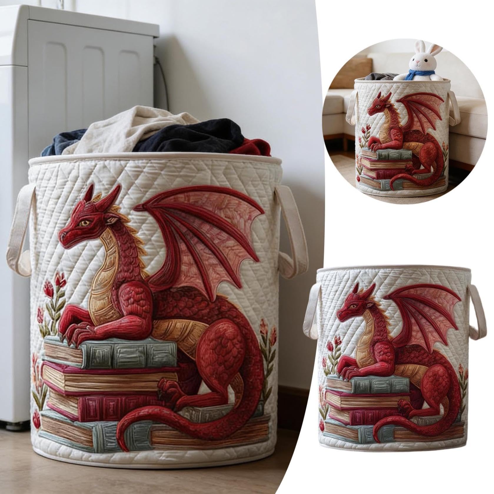 Quilted Laundry Basket, Boho Fabric Floral Animal Digital Print Storage Hamper, Organizer Bin Blankets for Nursery Bedroom Laundry Room Clothes Toys (C-35cm) — view 5