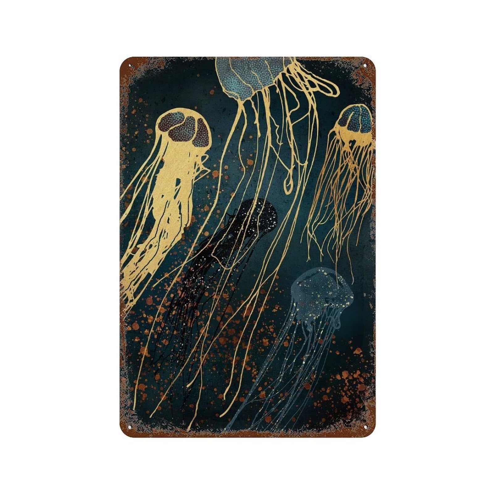 Rusty Metal Tin Sign with Metallic Jellyfish Design 11.8"x7.9", for Farmhouse, Kitchen And Entryway Decor, Classic Wall Plaque