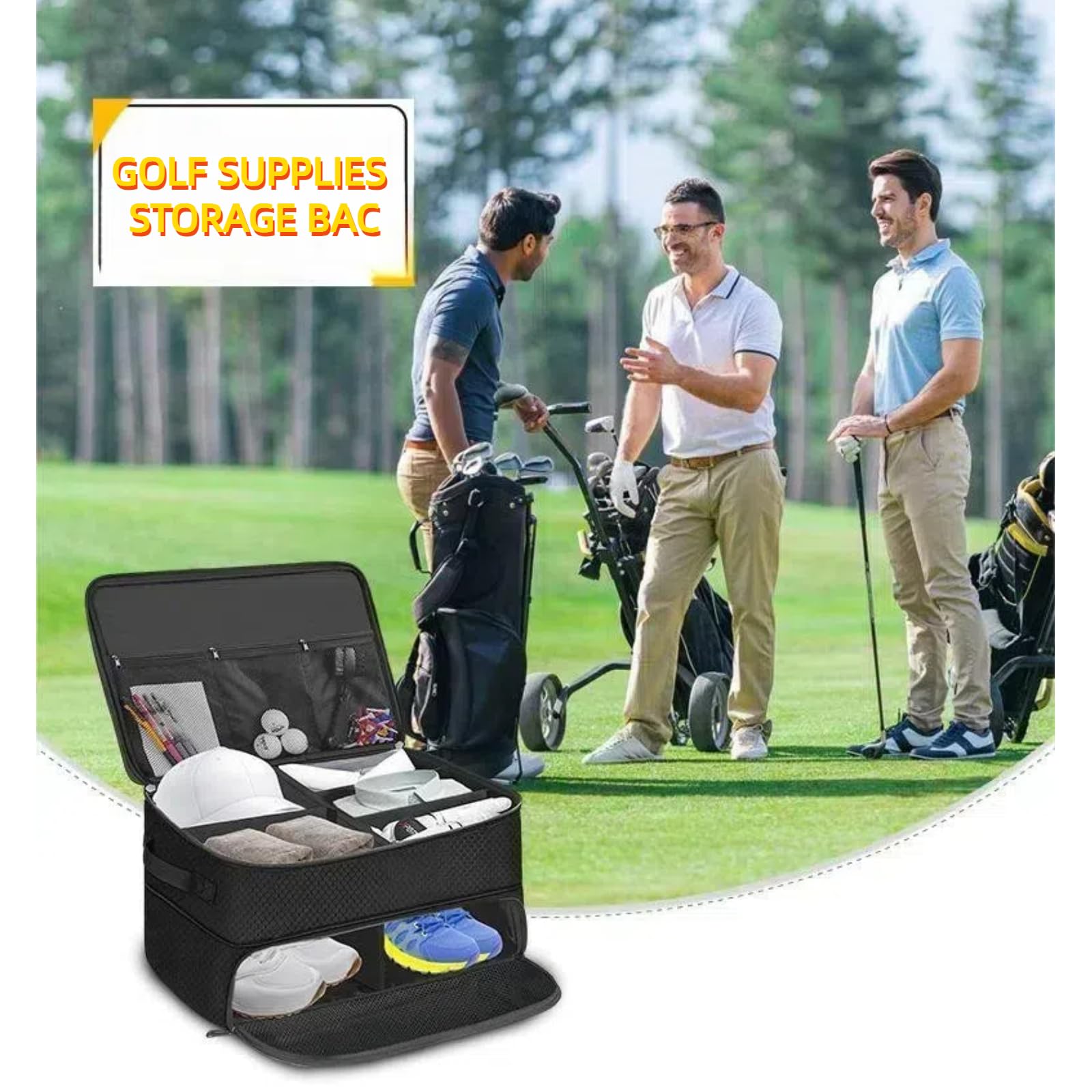 Organiseur de coffre de golf – Sac de rangement pour casier de voiture à 2 couches – Casier d'équipement de golf pour homme et organisateur de chaussures pour balles, t-shirts, vêtements
