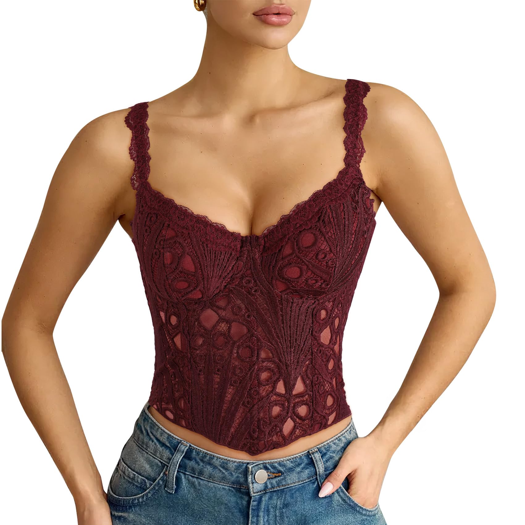 LEACOOLKEY Corsetto da Donna in Pizzo Bustier Sexy Trasparente a Fiori Top Corto Elegante in Rete con Lacci Corpetto Top Modellante per Uscite, Appuntamenti, Feste e Festival Musicali