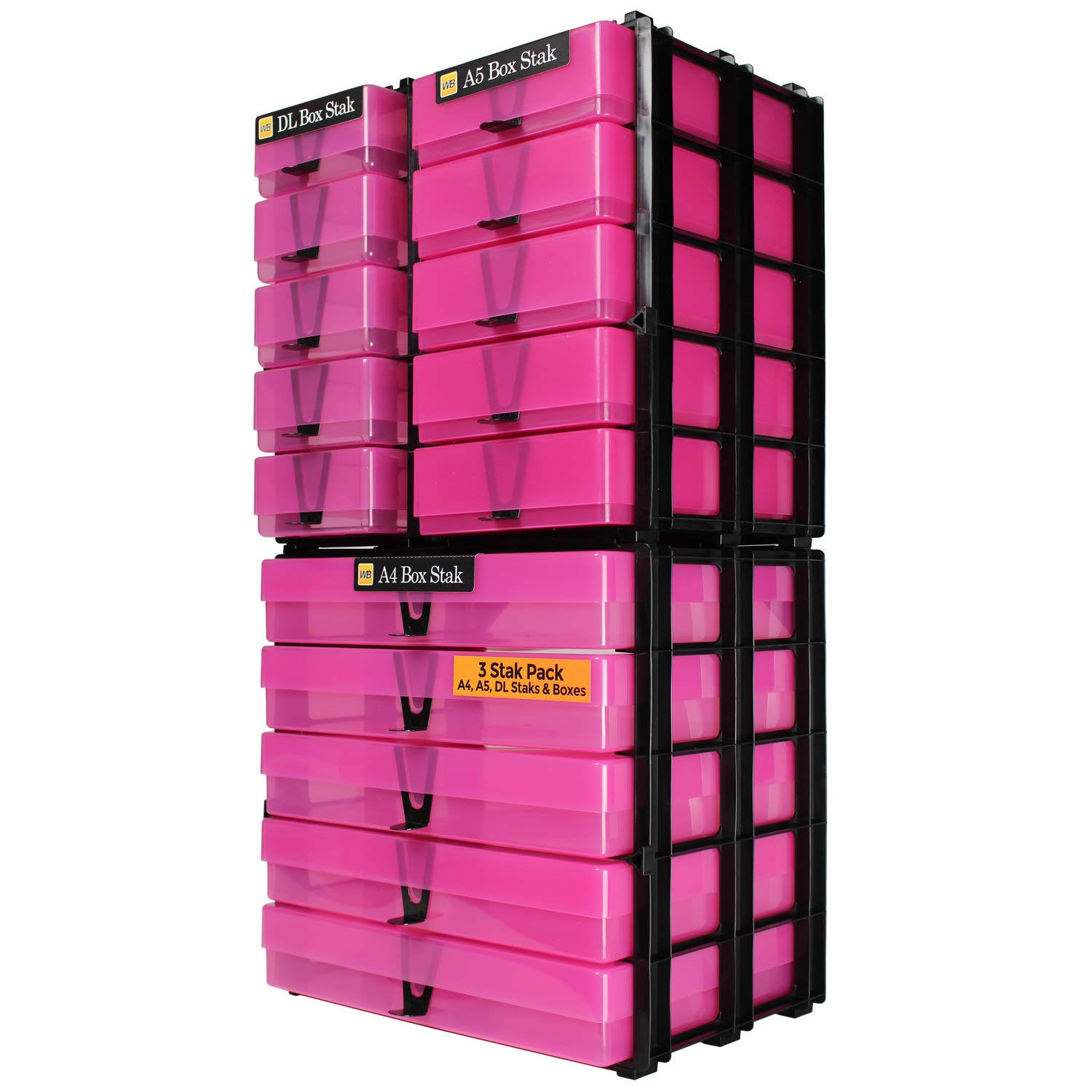 Westonboxes Pink / Transparent Three Box Storage Unit Set, A4 A5 And Pen Pencil Craft Storage