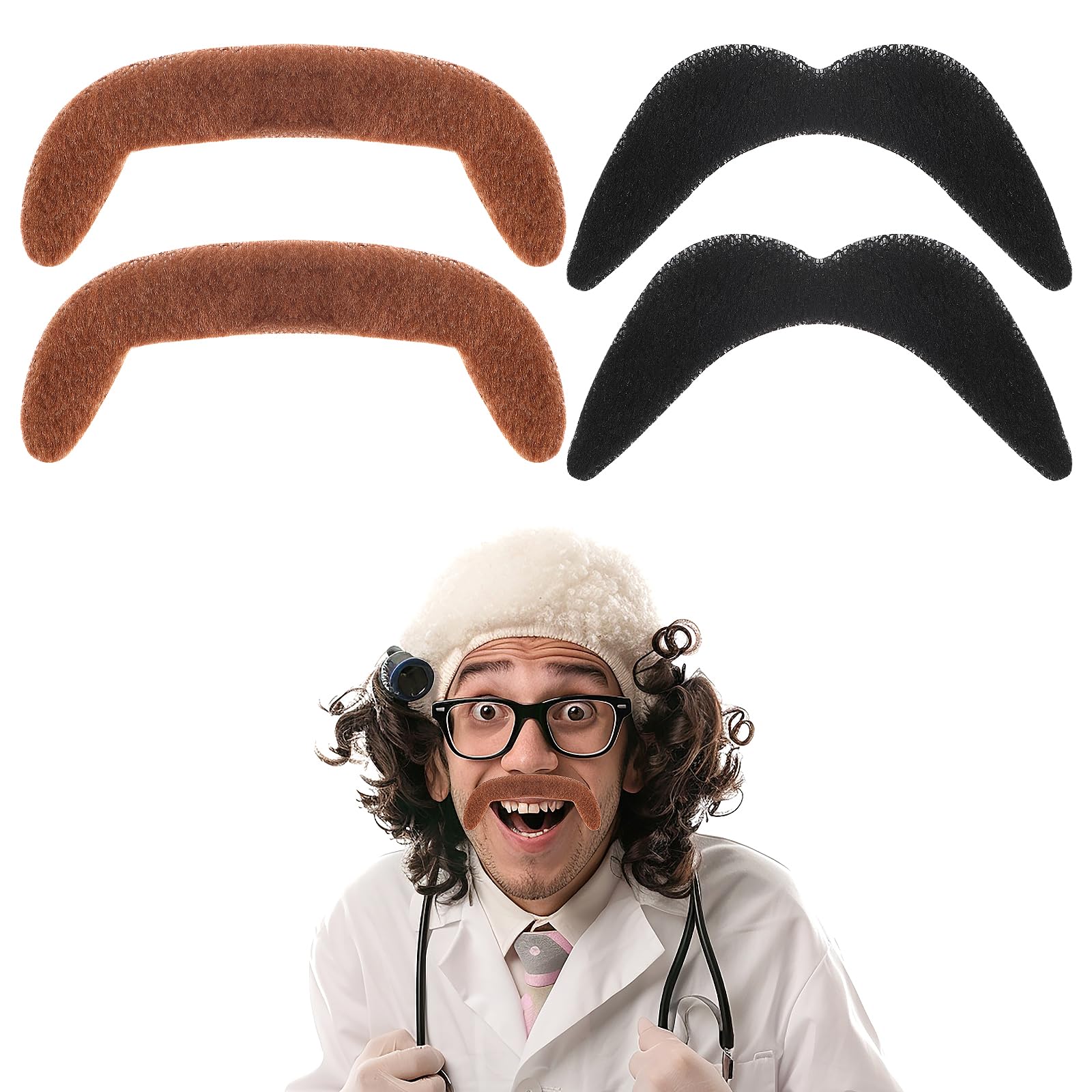 YUXIANLB 4 Pcs Fake Mustaches, Self Adhesive Fake Beard Brown Black Handlebar Mustache Detective Costume Realistic Novelty False Facial Hair Stick On Fake Mustaches Movie Halloween Props Costume