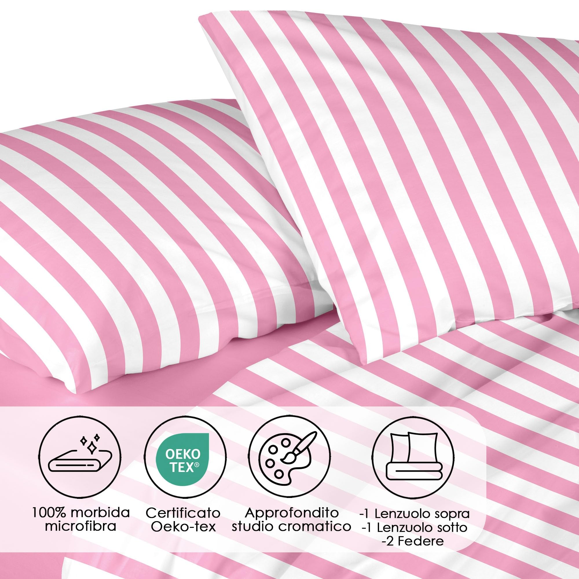 Ruggeri - Completo Letto - 100% Morbida Microfibra di Alta Qualità | 2 Federe 50x80cm + 1 Lenzuolo con Angoli 170x200cm + 1 Lenzuolo Sopra 240x280cm - Collezione Beat (Righe Rosa, Matrimoniale)