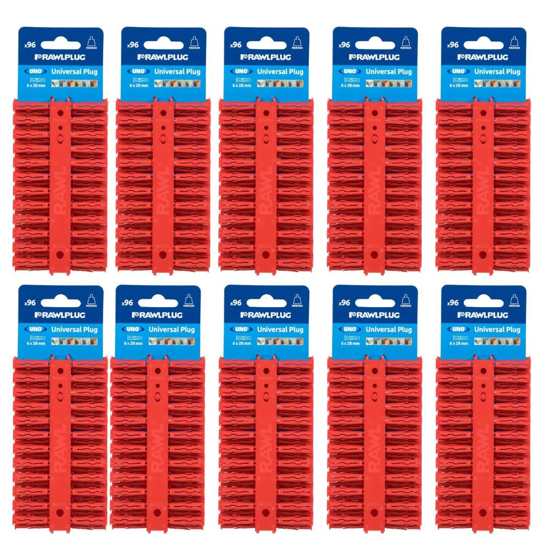 Rawlplug 68520 6 x 28 mm Uno Plug Card - Red (96 pieces) Pack of 10