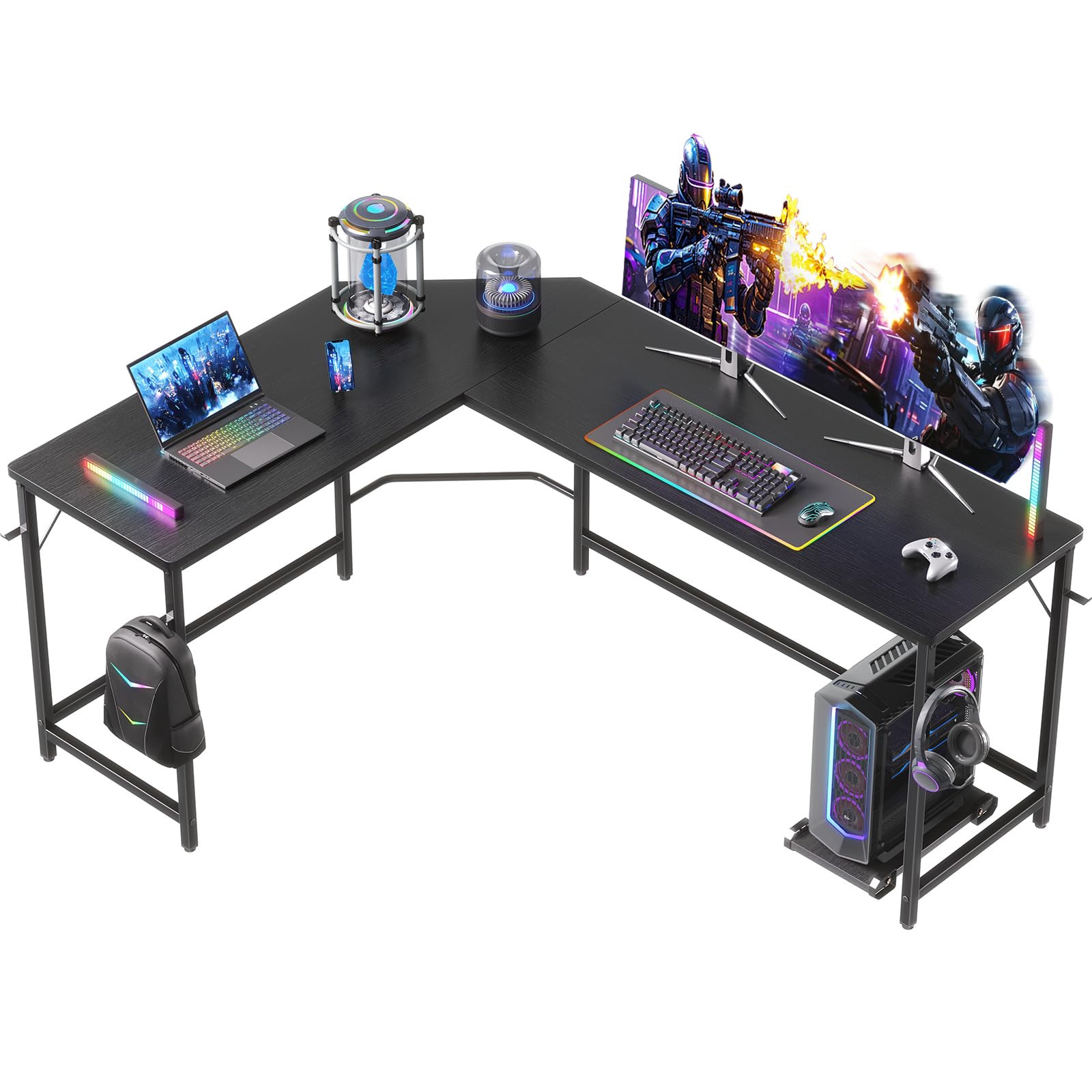 DUMOS 66" Gaming Desk, L Shaped Corner Computer Desk, Larger Gaming Desk Workstation with Iron Hook, CPU Stand for Study Home Office Gaming Room Black