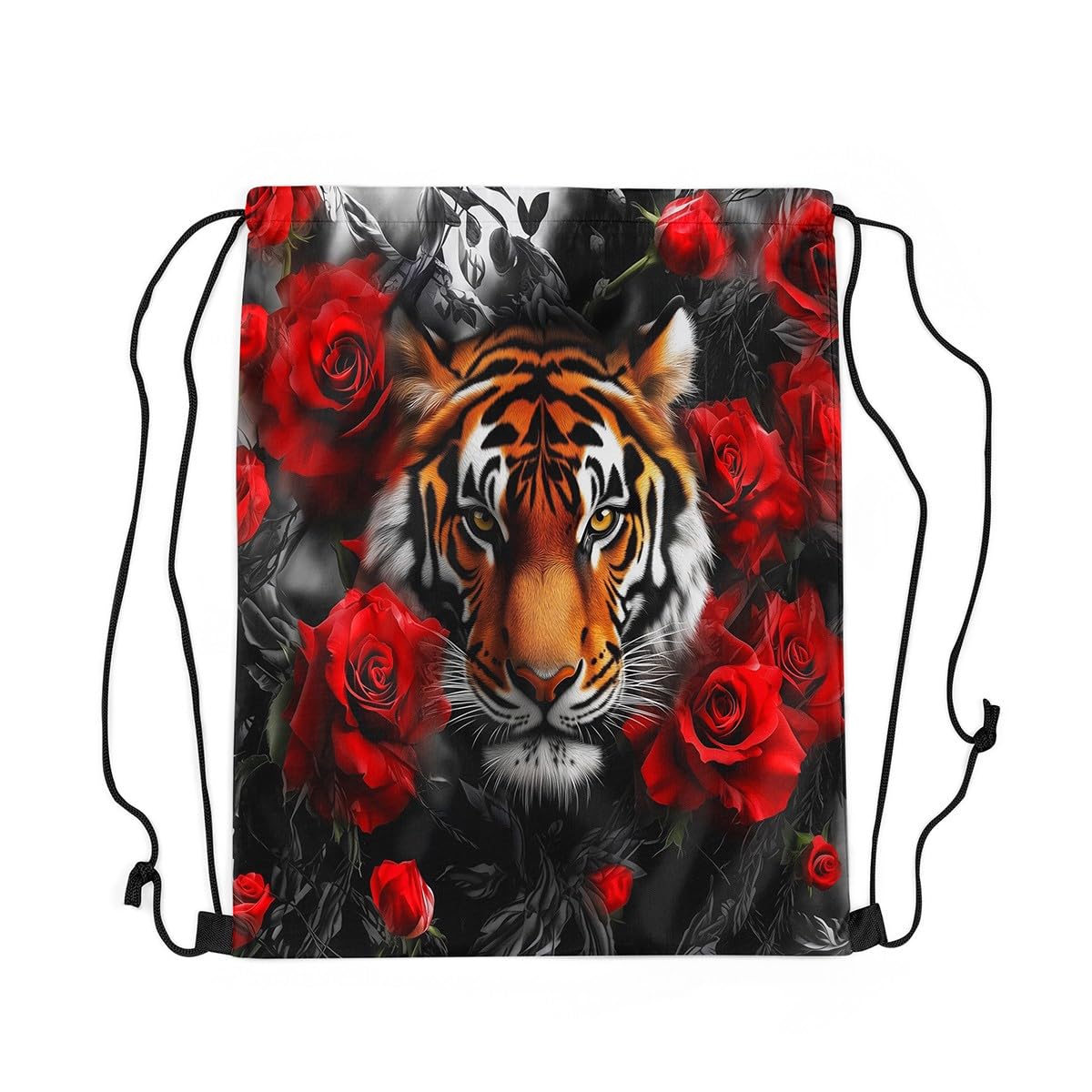 Loussiesd Tiger Gym String Bag Wild Animal Drawstring Backpack Red Rose Drawstring Bags for Women Men 3D Wild Animal Pattern Waterproof Cinch Bag 40x33cm