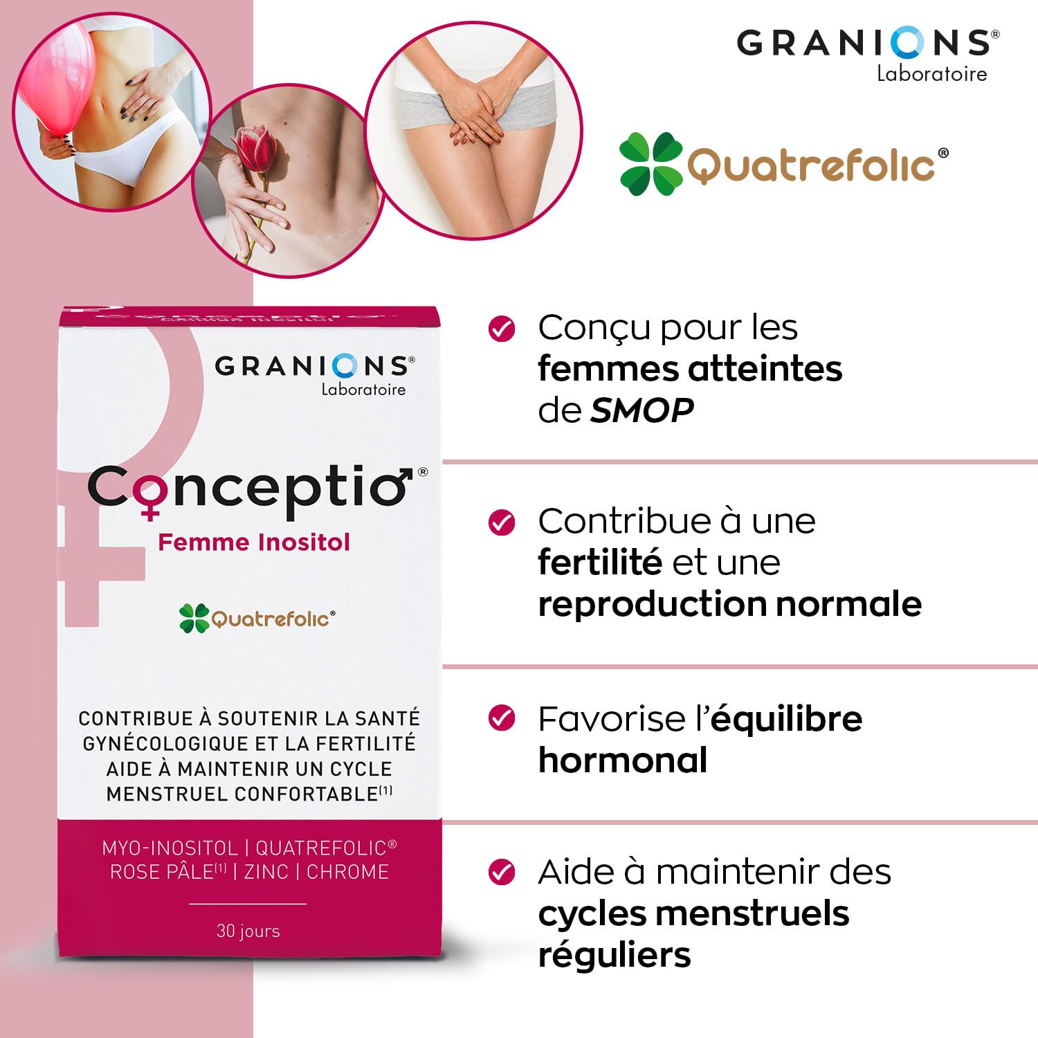 Conceptio Femme INOSITOL - MYO Inositol - Femmes Atteintes SOPK - Fertilité Femme - Acide Folique Grossesse - Vitamine D, B12, B6 Chrome, Iode - 120 Comprimés, 30 Capsules- 1 Mois- GRANIONS